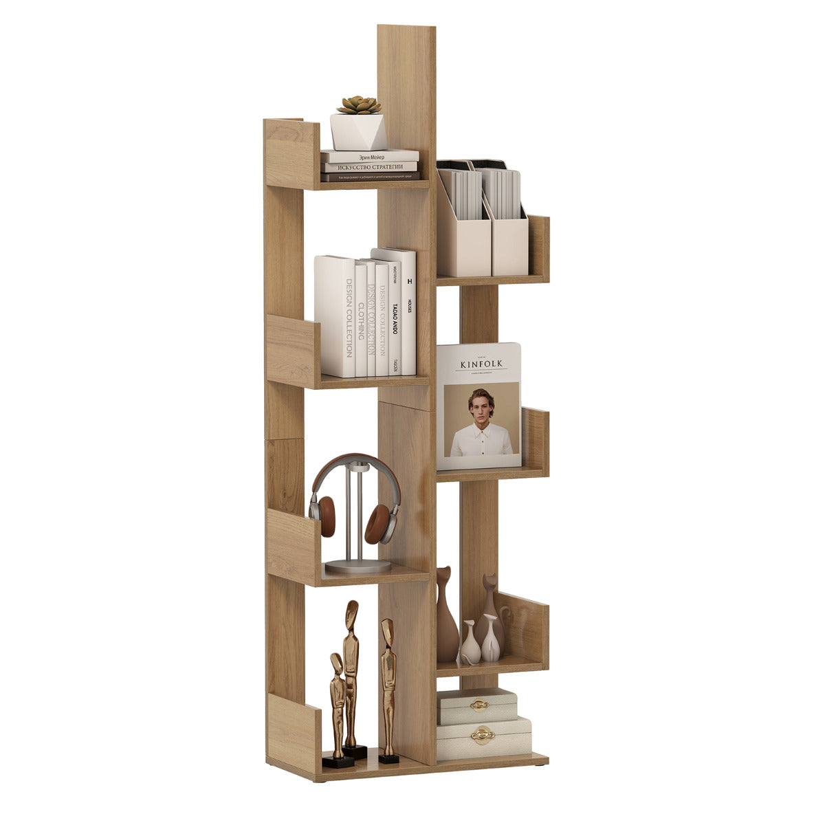 Tree-Shaped Bookshelf with 8 Storage Shelves-Natural
