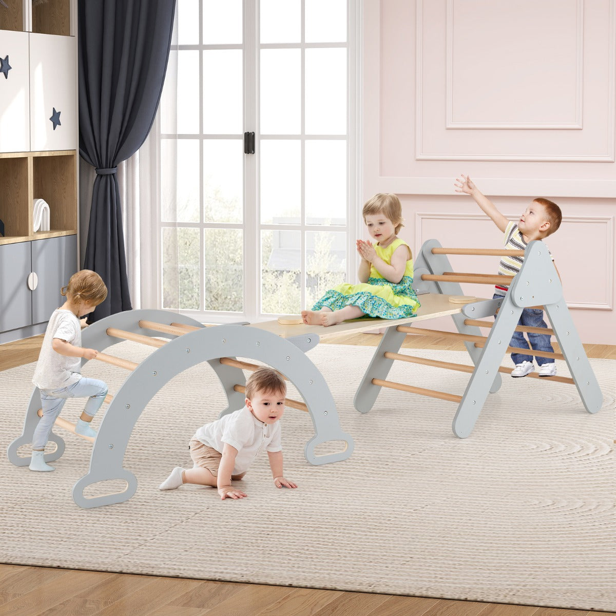 5-in-1 Triangle Climbing Toys with Arch Ramp for 1+ Years Old-Grey