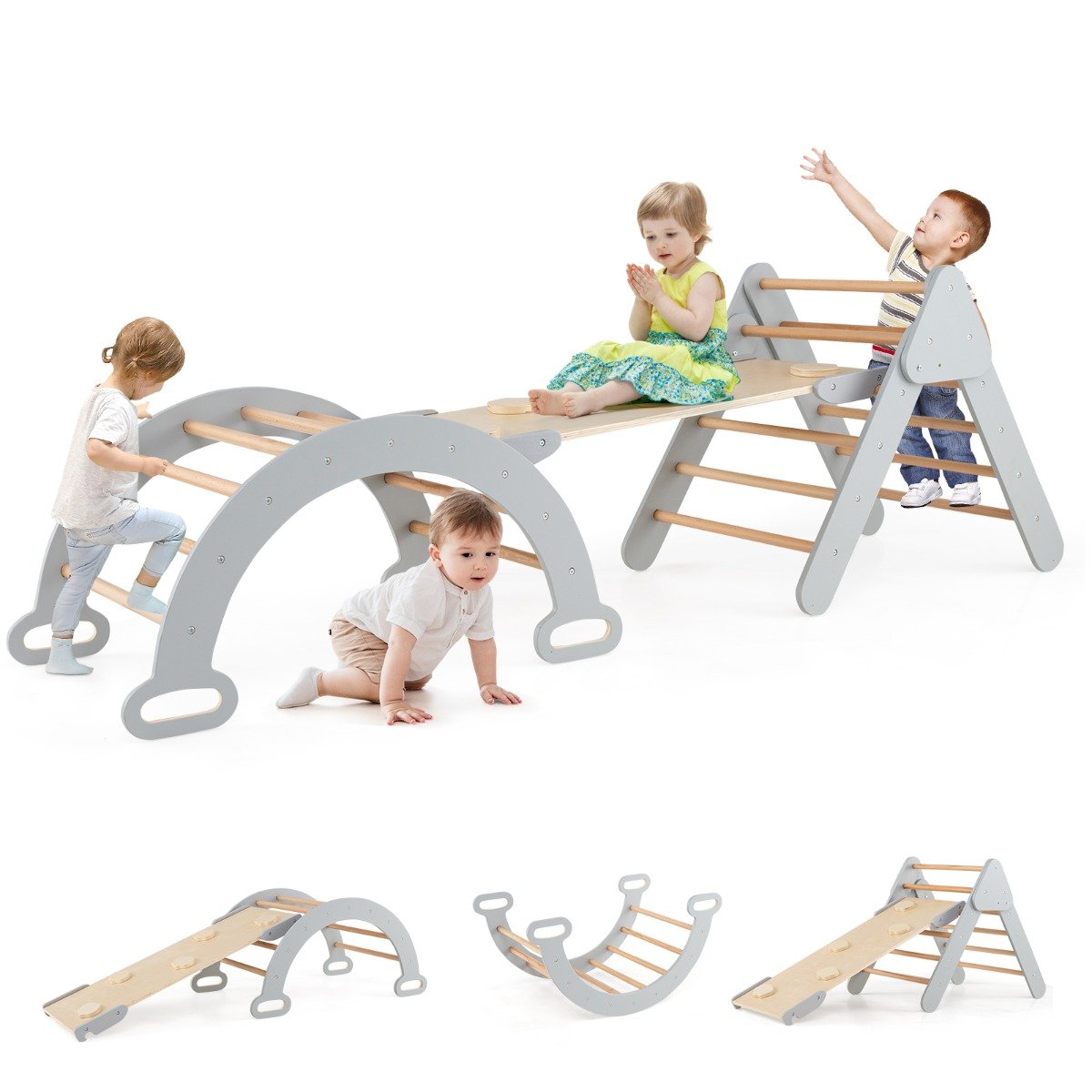 5-in-1 Triangle Climbing Toys with Arch Ramp for 1+ Years Old-Grey
