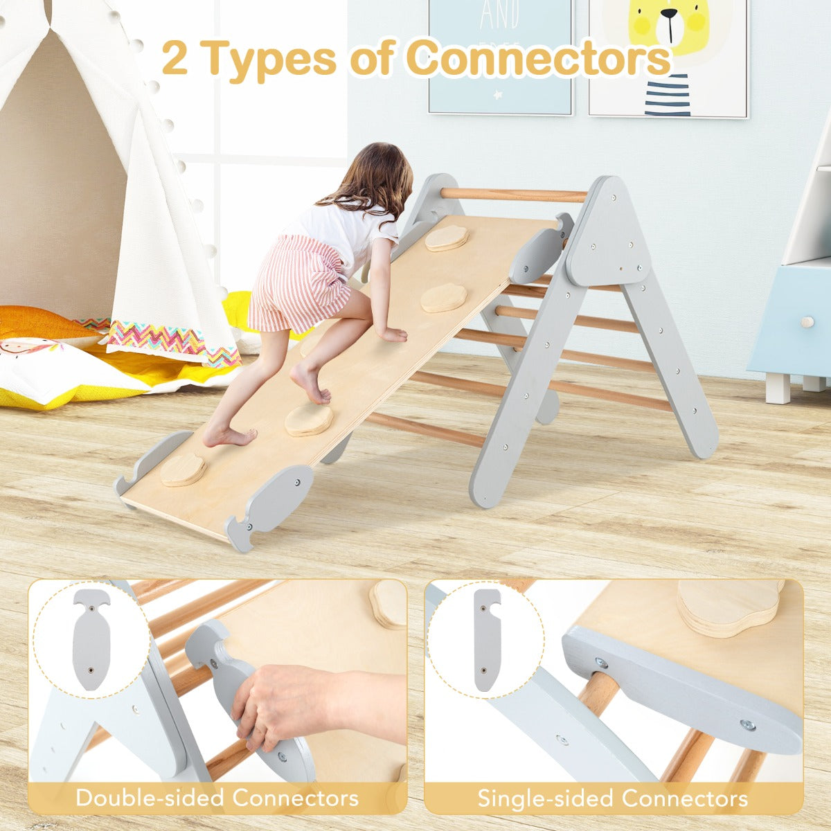 5-in-1 Triangle Climbing Toys with Arch Ramp for 1+ Years Old-Grey