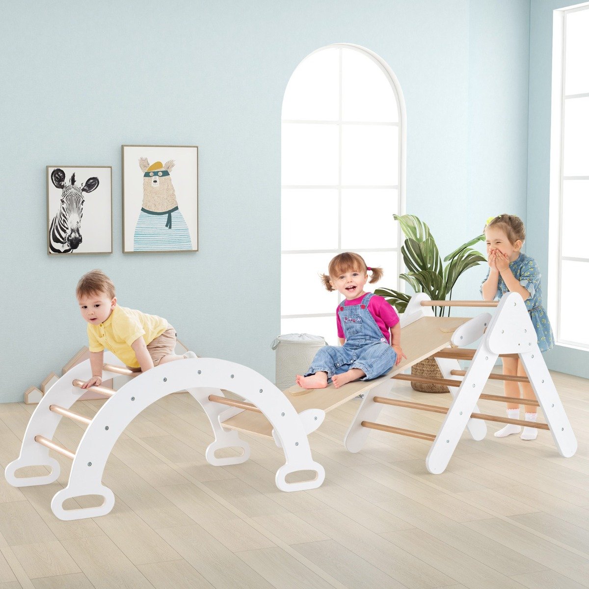 5-in-1 Triangle Climbing Toys with Arch Ramp for 1+ Years Old-White