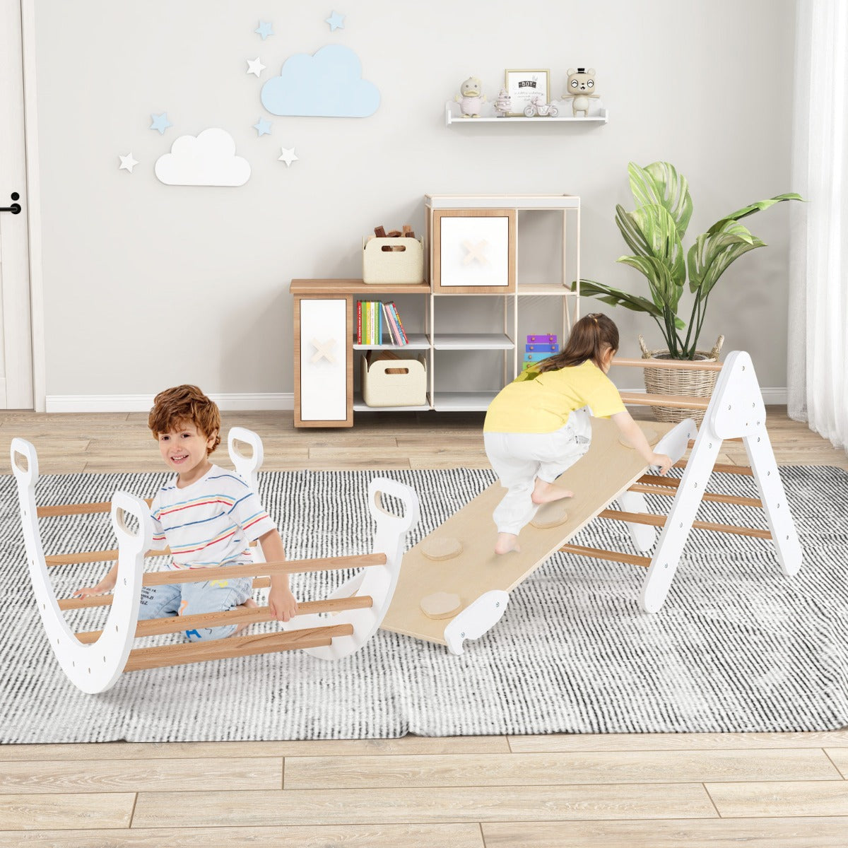 5-in-1 Triangle Climbing Toys with Arch Ramp for 1+ Years Old-White