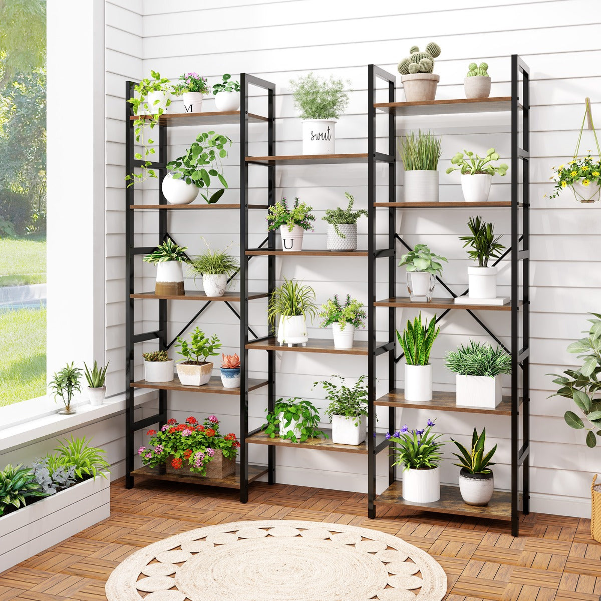 Triple Wide Heavy-duty Metal Frame Industrial Bookshelf with 14 Open Shelves-Brown