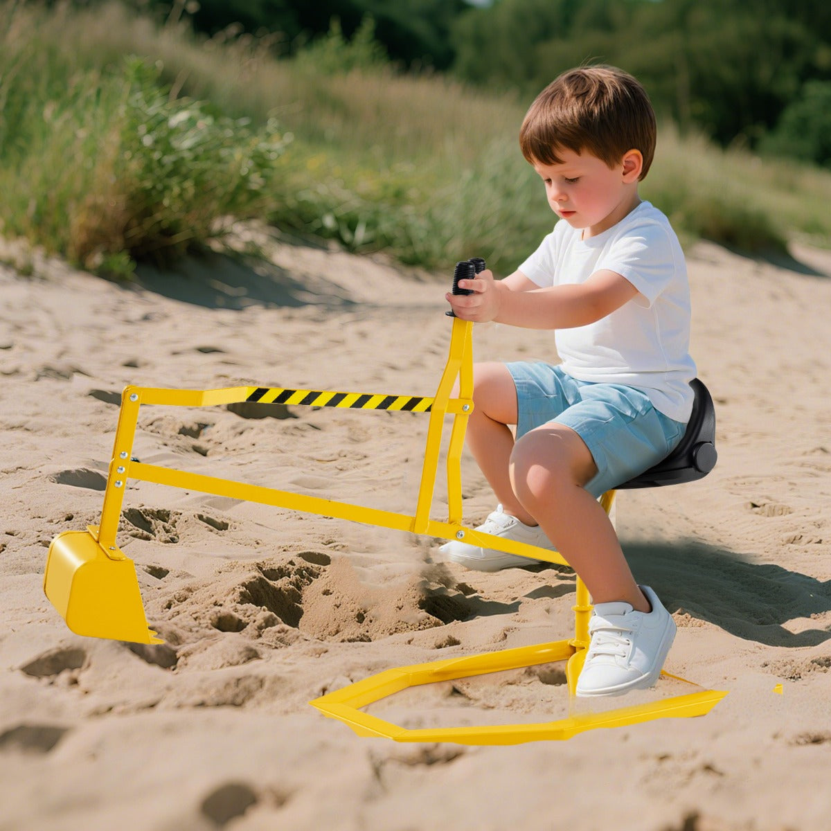 Kids Sand Digger Sandbox Toy Rotatable with 2-Handed Controls and Flexible Shovel-Yellow