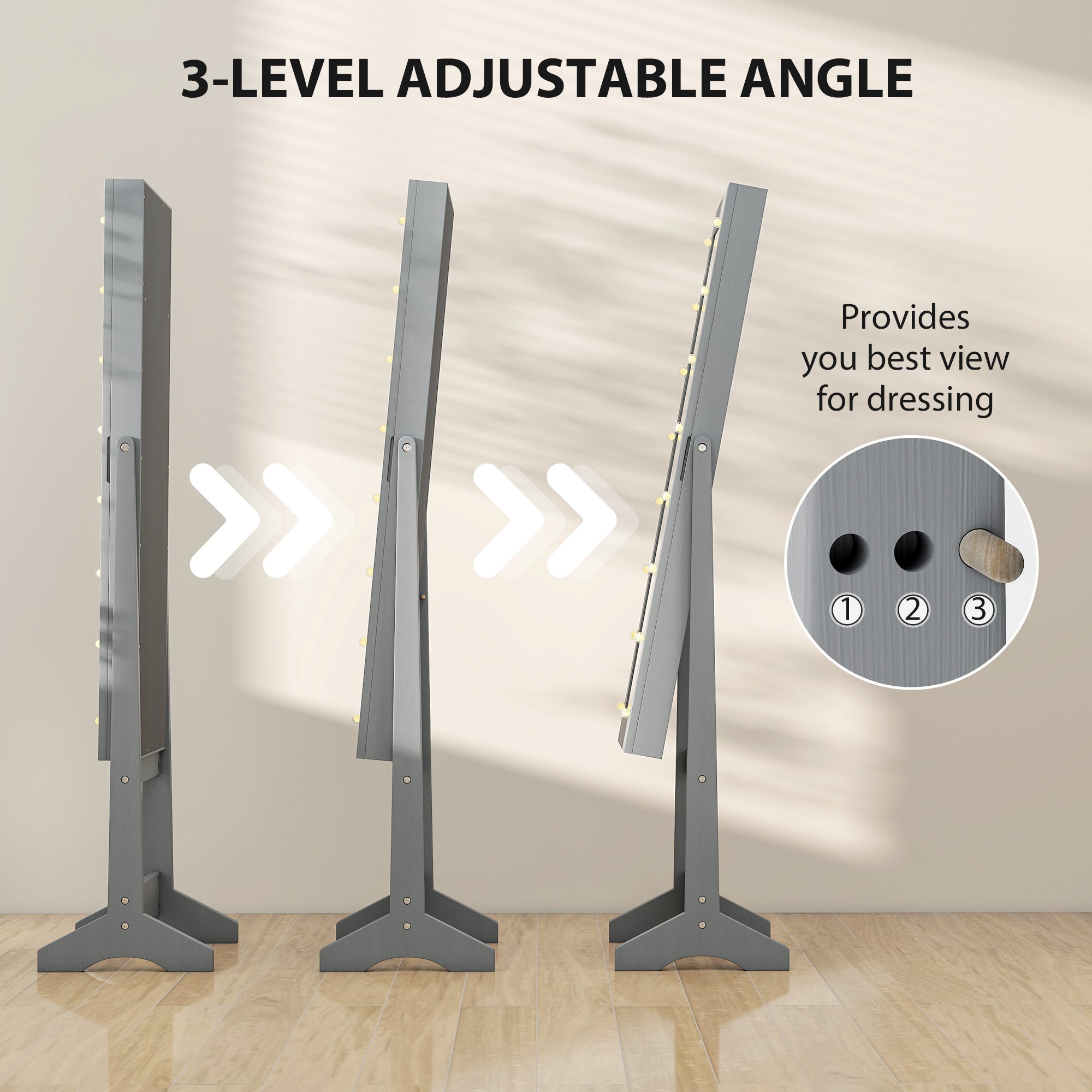 HOMCOM Freestanding Mirror Jewelry Cabinet with LED Lights, Jewellery Organiser with 3 Angle Adjustable, Full-Length Mirror with Storage for Earrings, Necklaces, Rings and Lipsticks, Grey