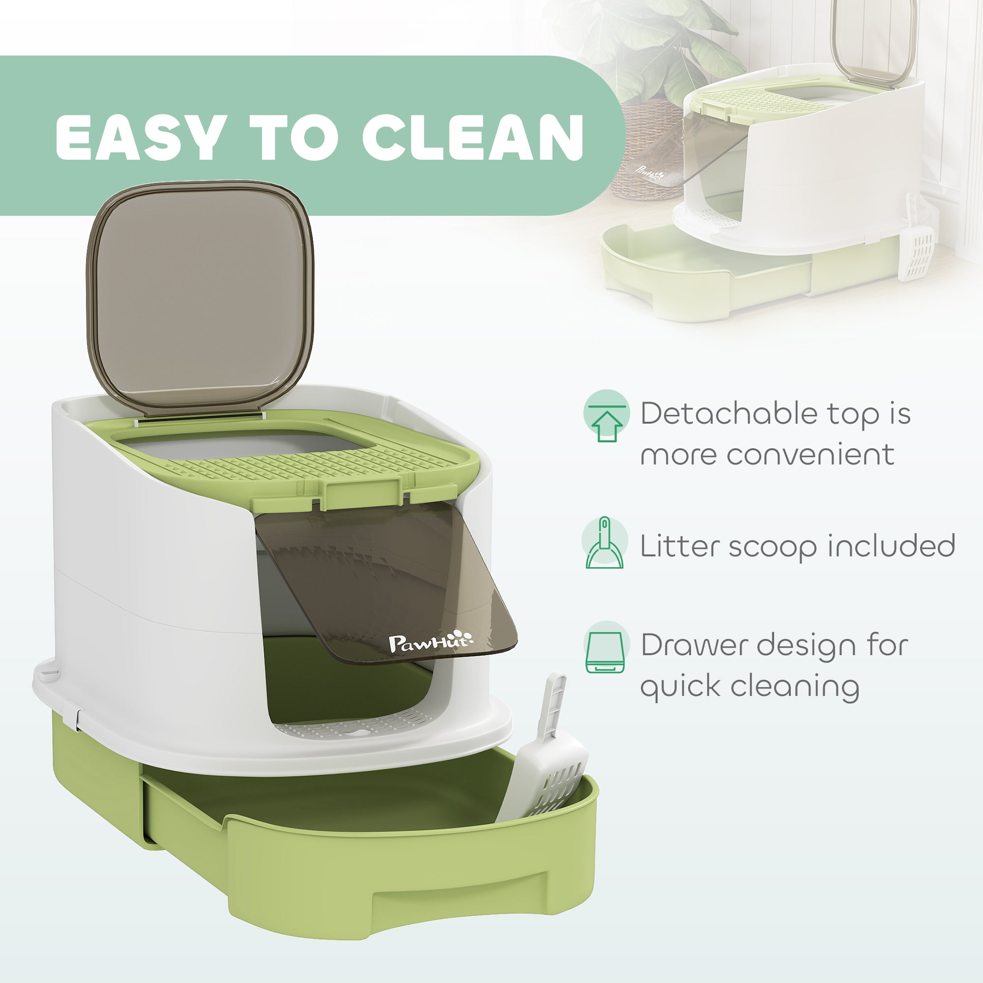 PawHut Cat Litter Box with Lid, Scoop, Deodorisation Bags, Top Entry, Green