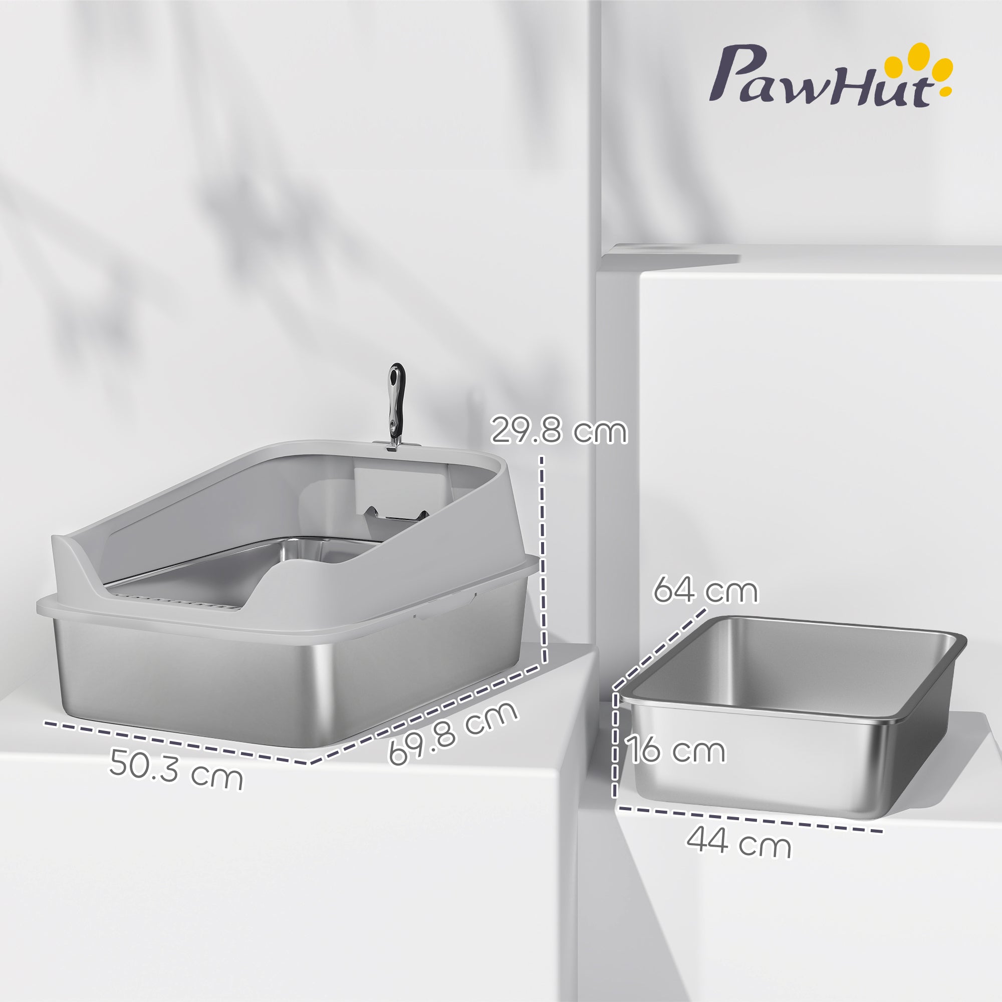 PawHut XXL Stainless Steel Cat Litter Box with High Sides, Metal Scoop, 70 x 50 x 30 cm