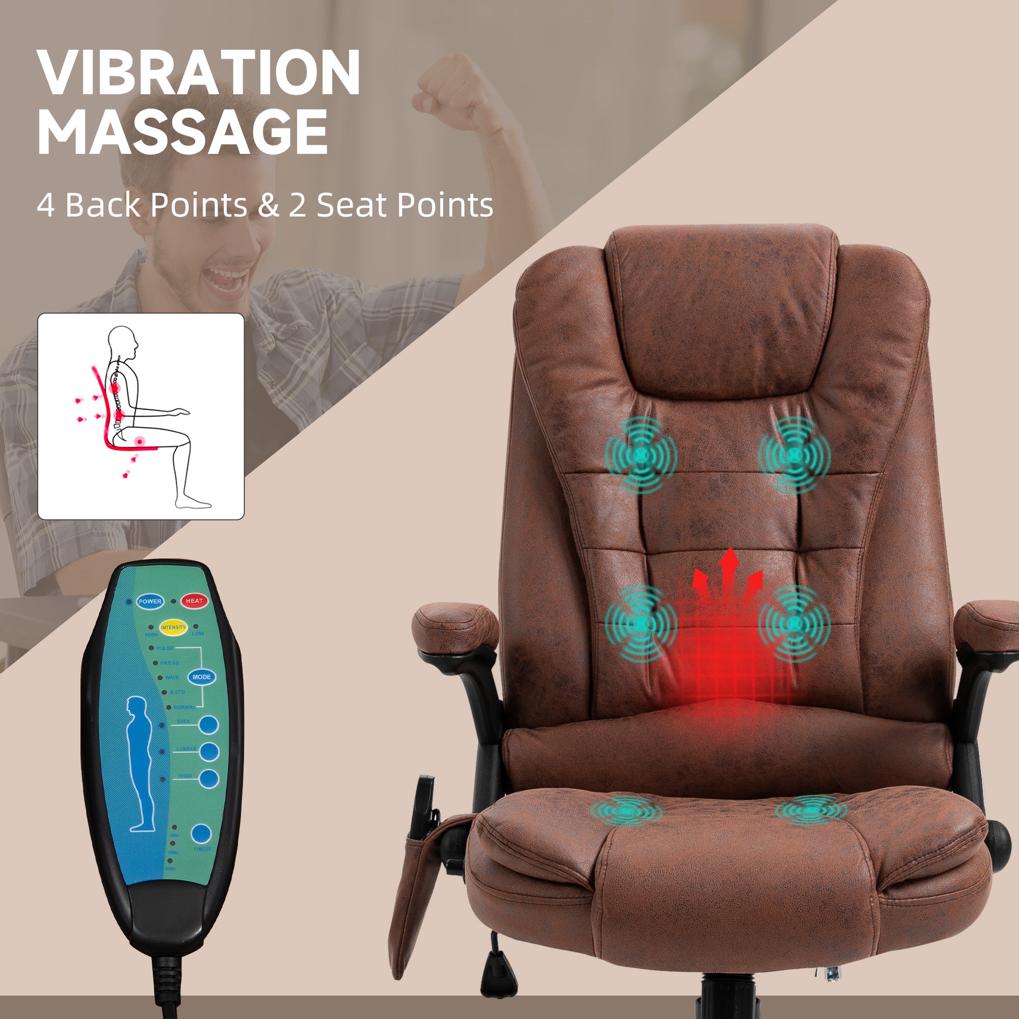 Vinsetto Massage Recliner Chair Heated Office Chair with Six Massage Points Microfiber Cloth 360√Ç¬∞ Swivel Wheels Brown