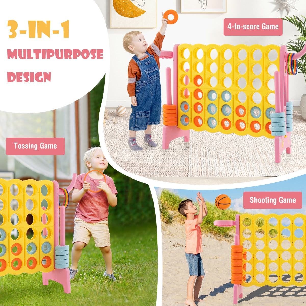 Upgraded 4-to-Score Game Set with Basketball Hoop and Toss Ring for Kids and Adults-Pink