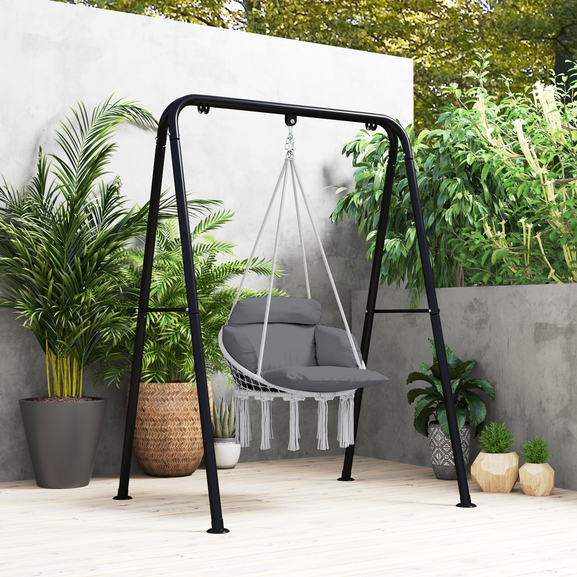 Outsunny Hanging Chair Outdoor Hammock Chair with Soft Cushion, Cotton Rope Boho Style Swing Chair, Hanging Garden Swing Seat for Indoor Outdoor, Dark Grey