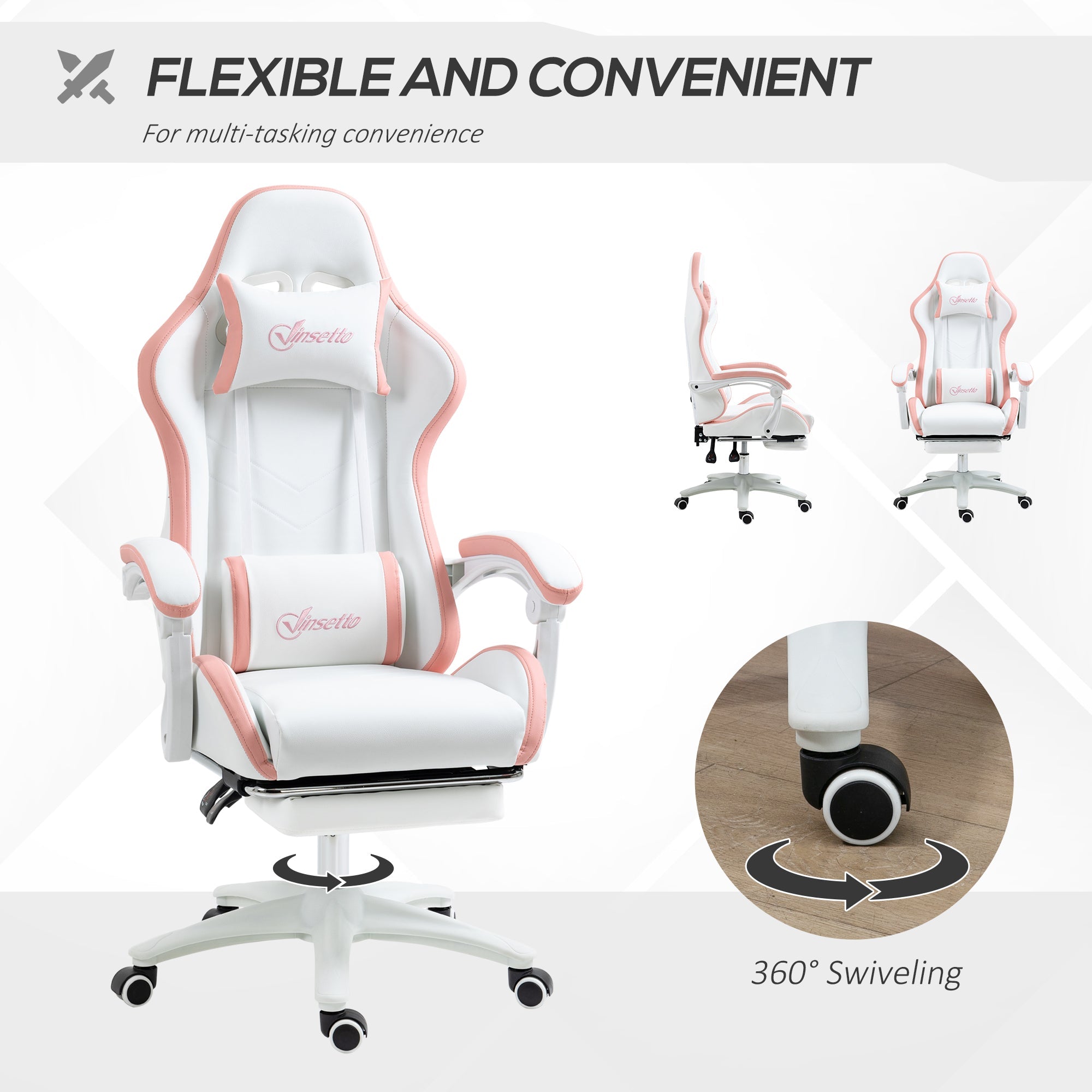 Vinsetto Computer Gaming Chair, PU Leather Office Desk Chair with Footrest, Swivel Wheels, 135√Ç¬∞ Reclining Back, Lumbar Support, Headrest for Home, White and Pink