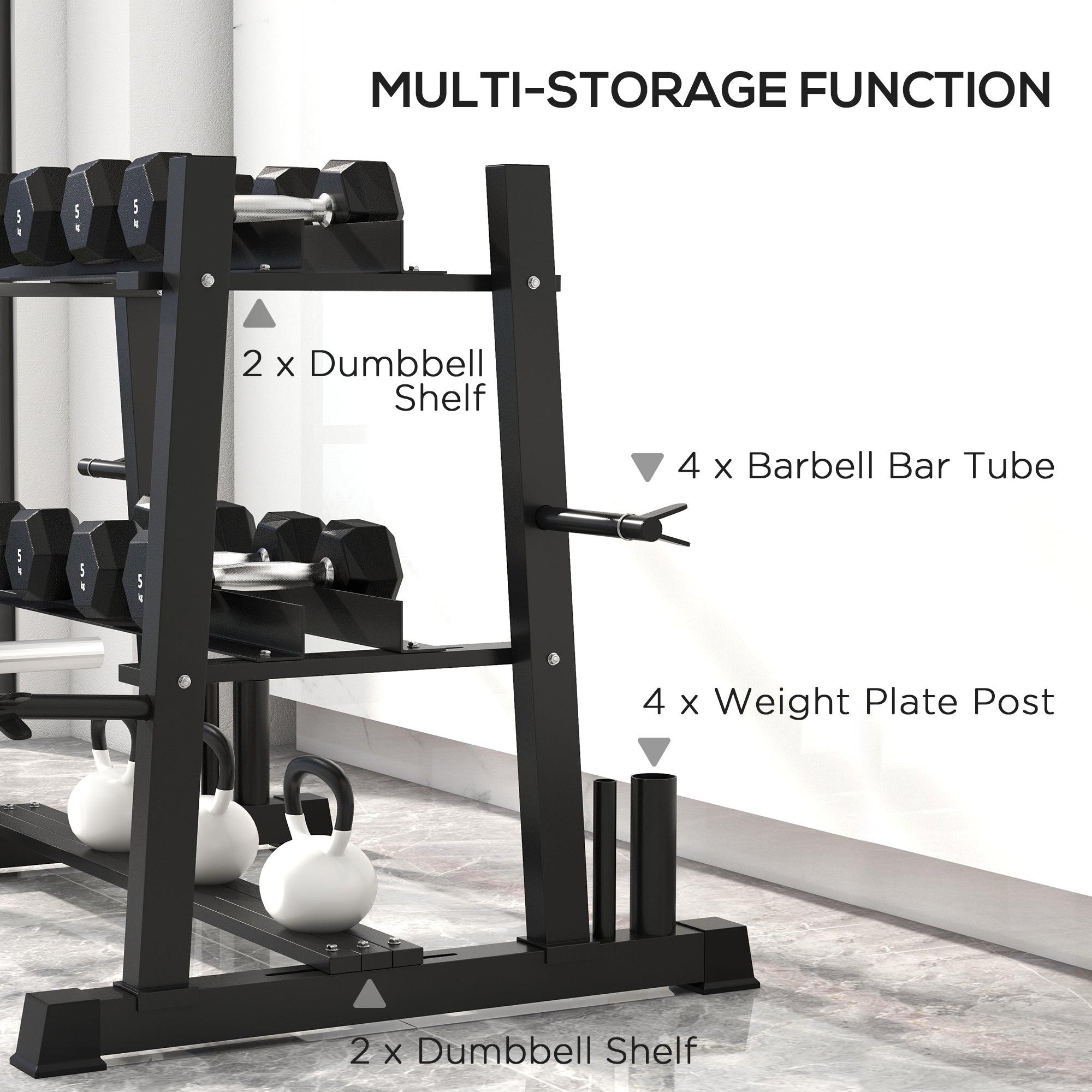 SPORTNOW 3-Tier Dumbbell Rack, Versatile Weight Rack with 4 Weight Rods for Dumbbells, Kettlebells and Plates (Rack Only)