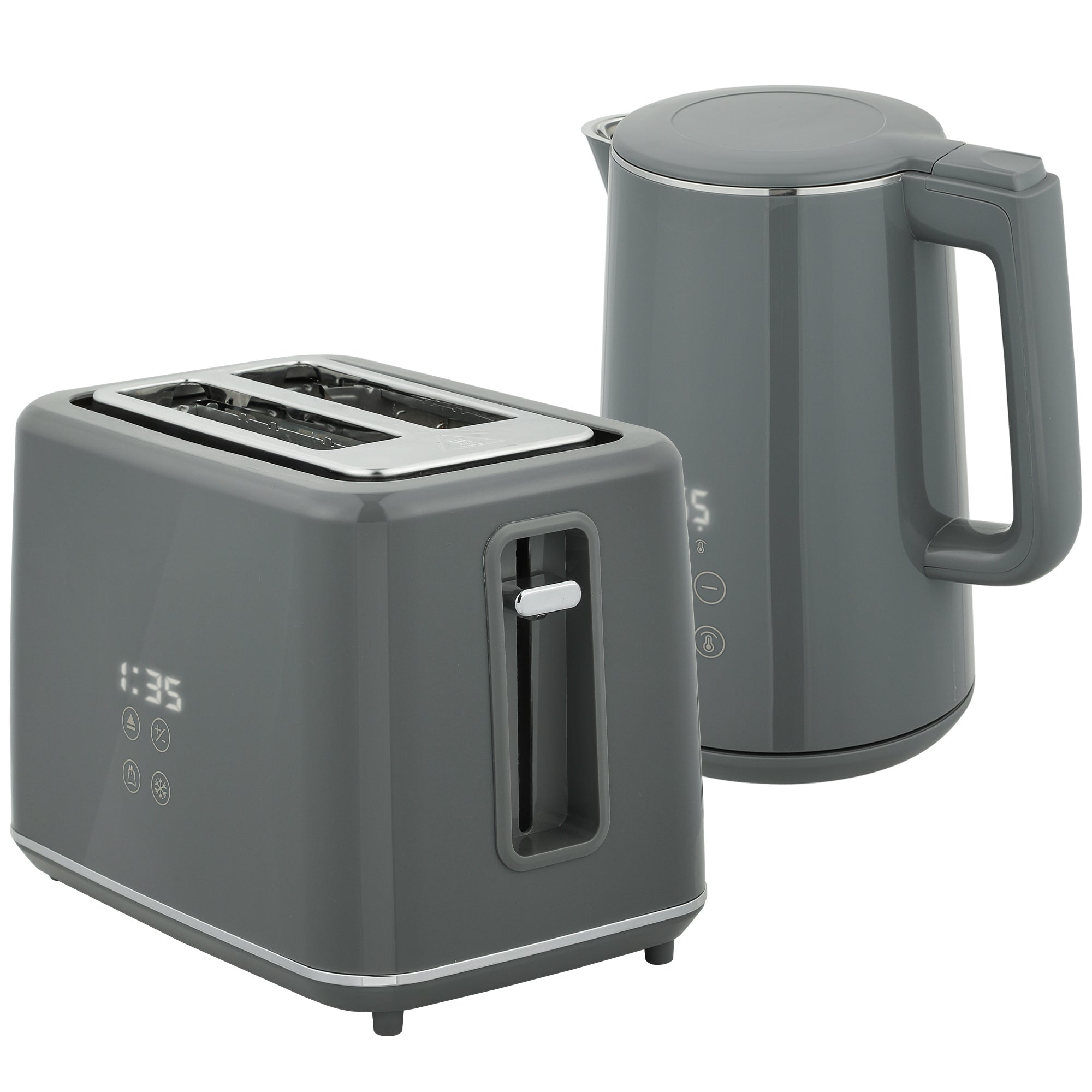 HOMCOM Digital Kettle and Toaster Set, 1.5L 3000W Fast Boil Kettle, 2 Slice Toaster Kitchen Set with 7 Level Browning Controls, Defrost, Reheat, Keep Warm, Crumb Tray and LED Touch Display, Grey