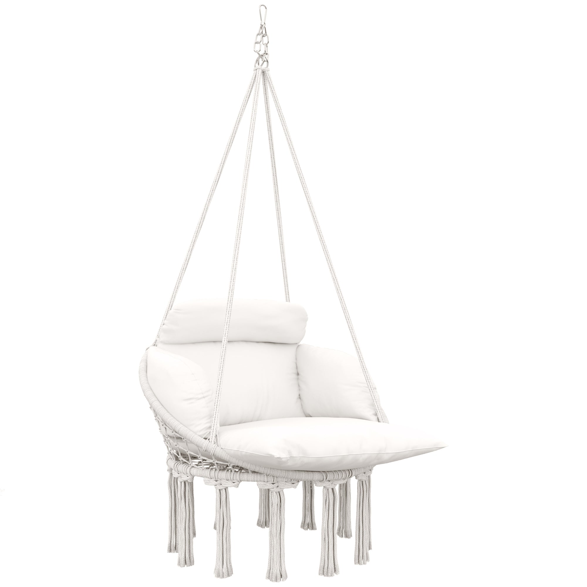 Outsunny Hanging Chair Outdoor Hammock Chair with Soft Cushion, Cotton Rope Boho Style Swing Chair, Hanging Garden Swing Seat for Indoor Outdoor, Cream White