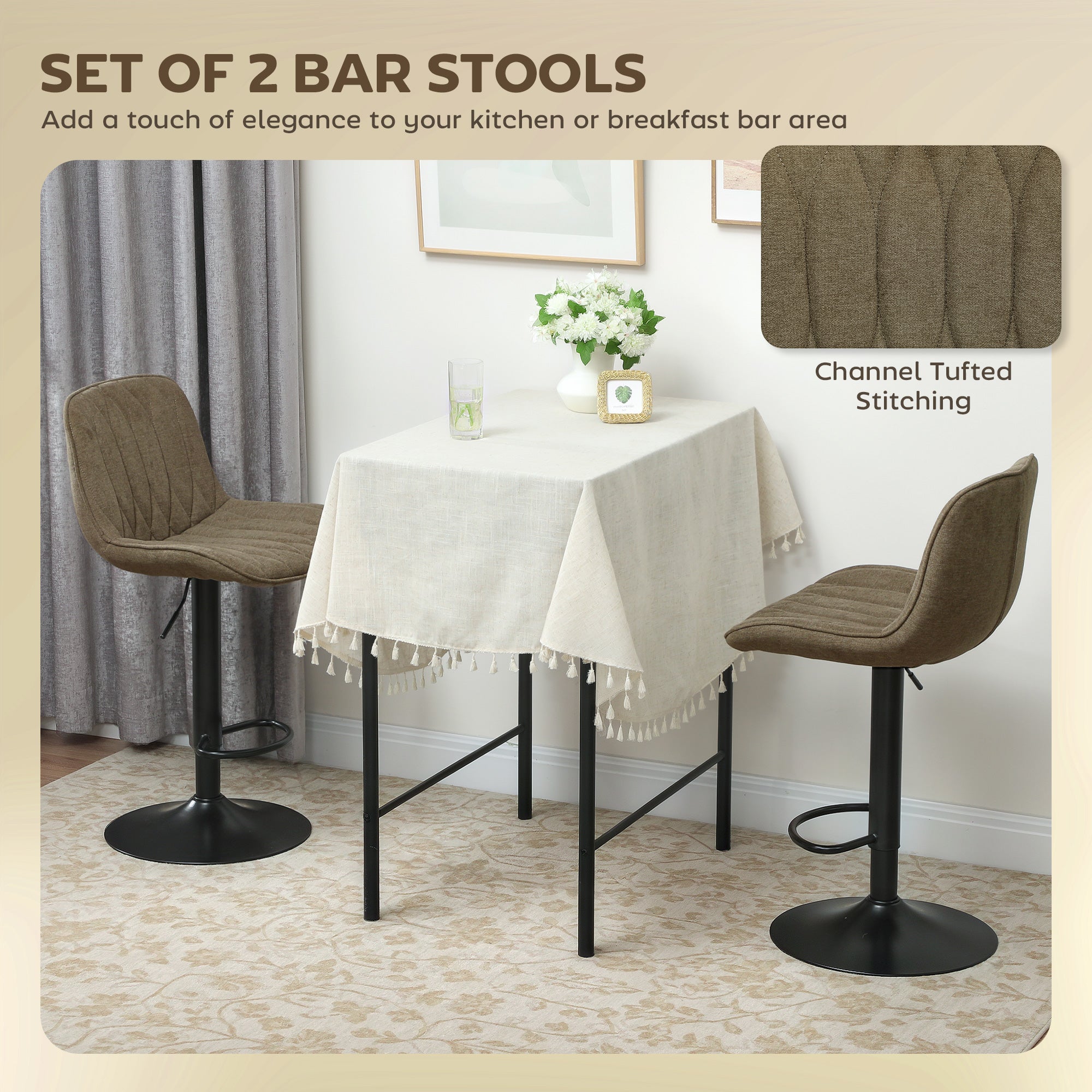 HOMCOM Set of Two Linen-Look Bar Stools - Brown