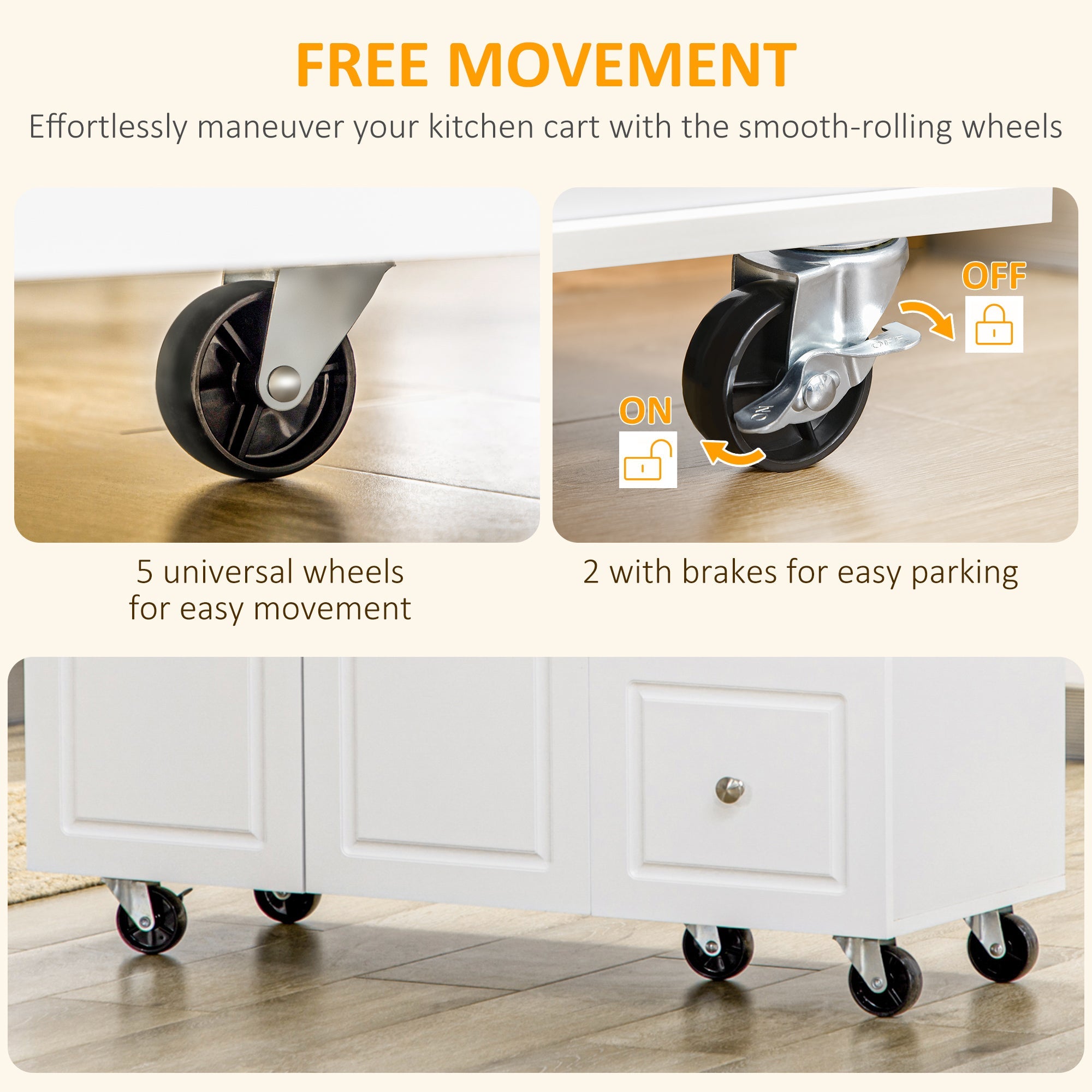 HOMCOM Drop-Leaf Kitchen Island on Wheels with Extendable Rubber Wood Worktop, Rolling Kitchen Storage Trolley, Utility Storage Cart with Drawers & Cabinet for Kitchen, Dining & Living Room, White