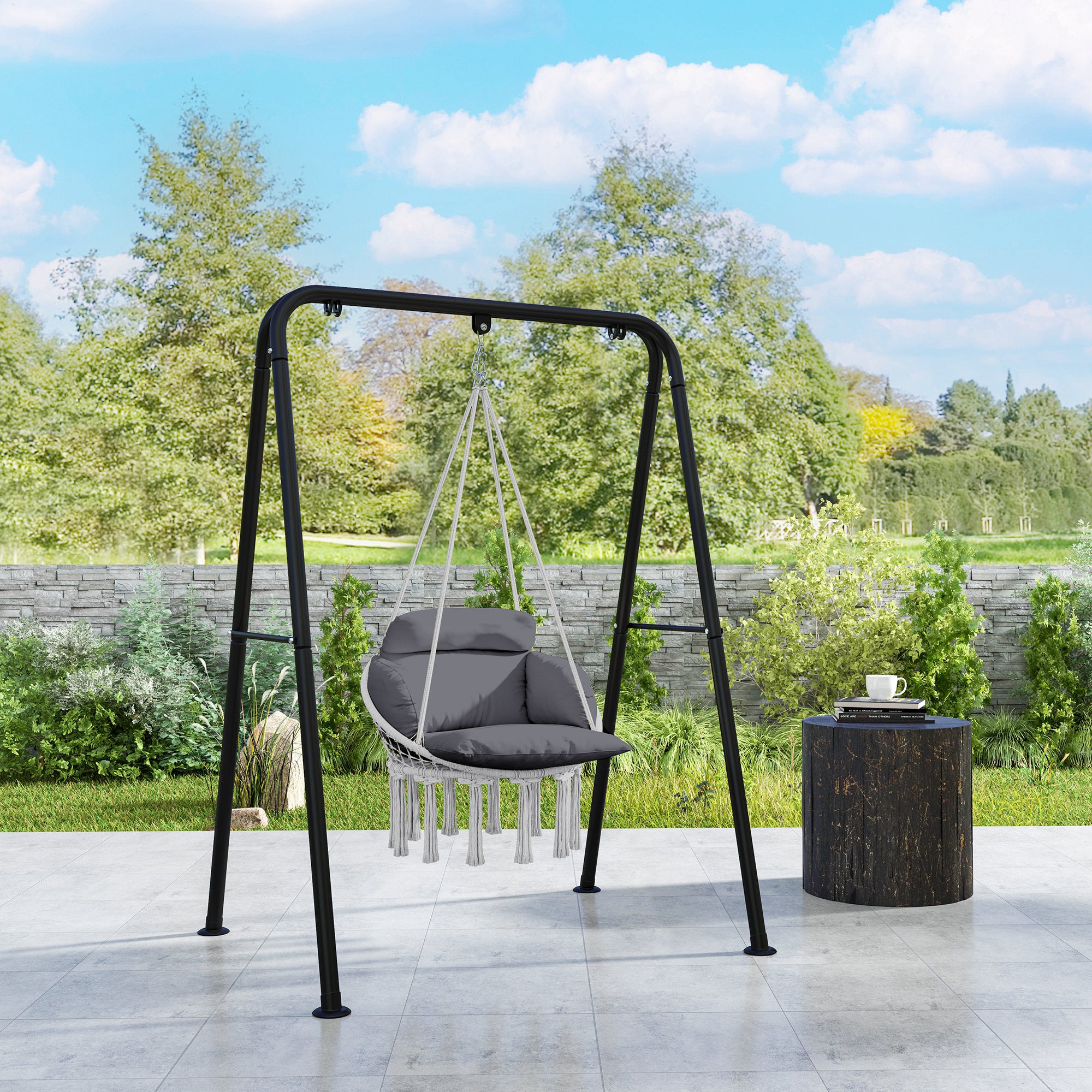 Outsunny Hanging Chair Outdoor Hammock Chair with Soft Cushion, Cotton Rope Boho Style Swing Chair, Hanging Garden Swing Seat for Indoor Outdoor, Dark Grey