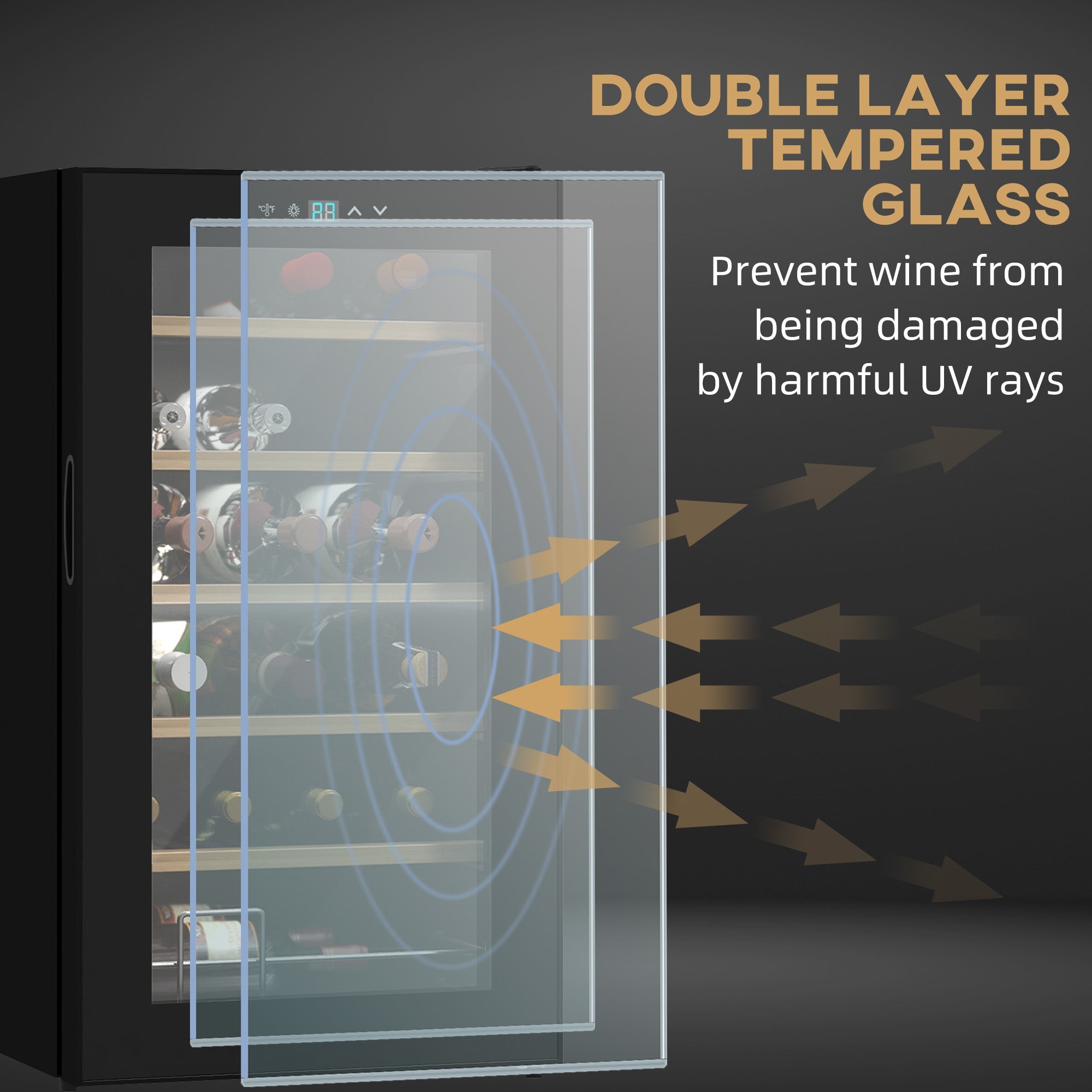 HOMCOM 24 Bottle Wine Fridge, 65 Litre Capacity, 43cm Freestanding Wine Cooler Fridge with Glass Door, LED Light, Digital Touch Screen, Temperature Control, Black