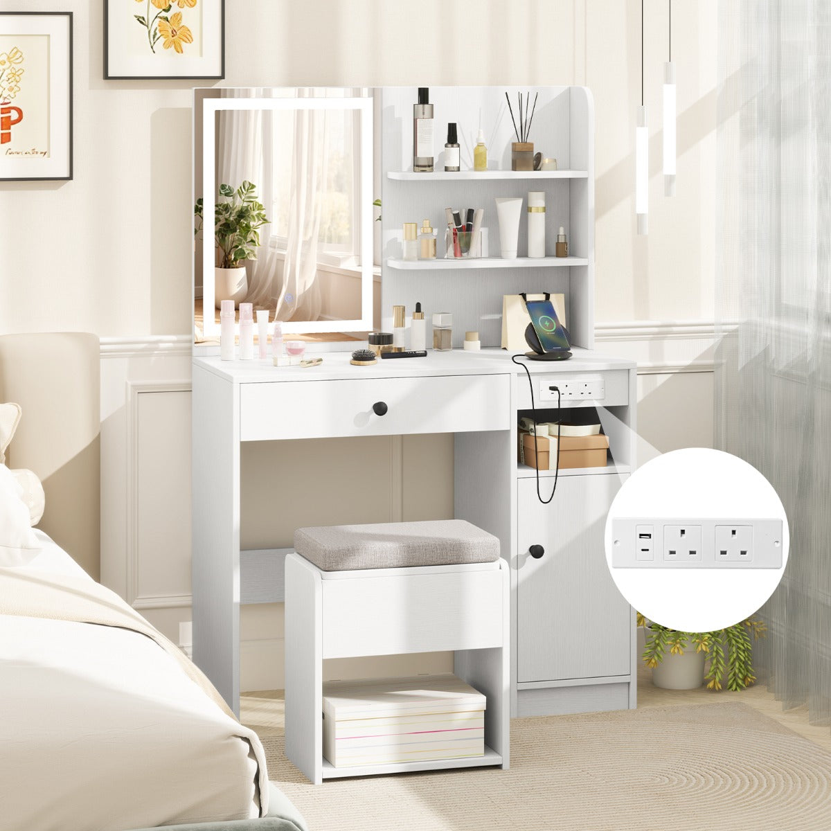 Vanity Desk with Mirror and Lights Dressing Table with Charging Station-White