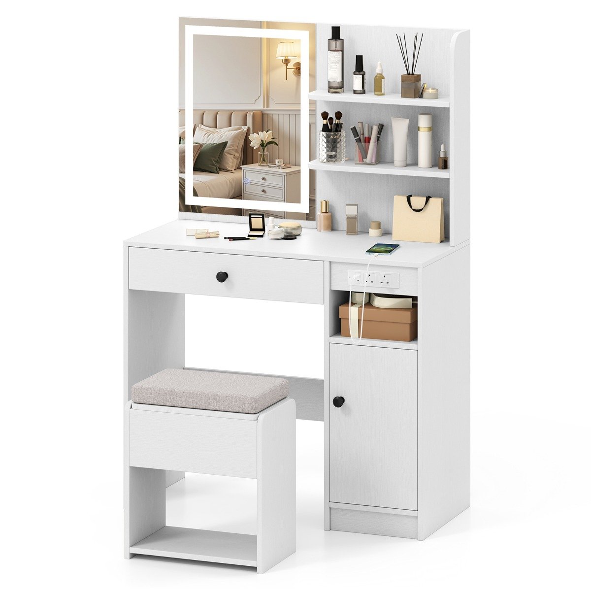 Vanity Desk with Mirror and Lights Dressing Table with Charging Station-White