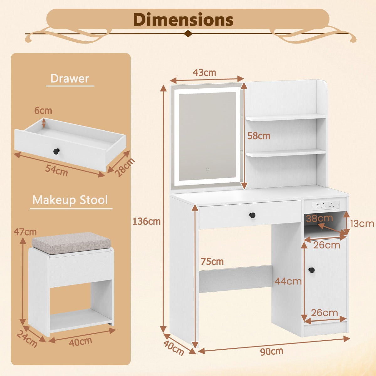 Vanity Desk with Mirror and Lights Dressing Table with Charging Station-White