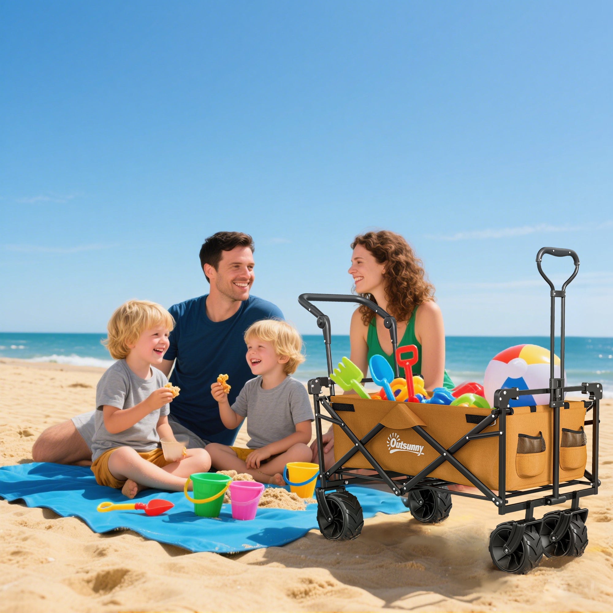 Outsunny 120L Festival Trolley on Wheels, Folding Camping Trolley Cart with Removable Canopy, All-Terrain Wheels, Adjustable Handle, Push or Pull for Garden Beach Fishing Shopping, Orange