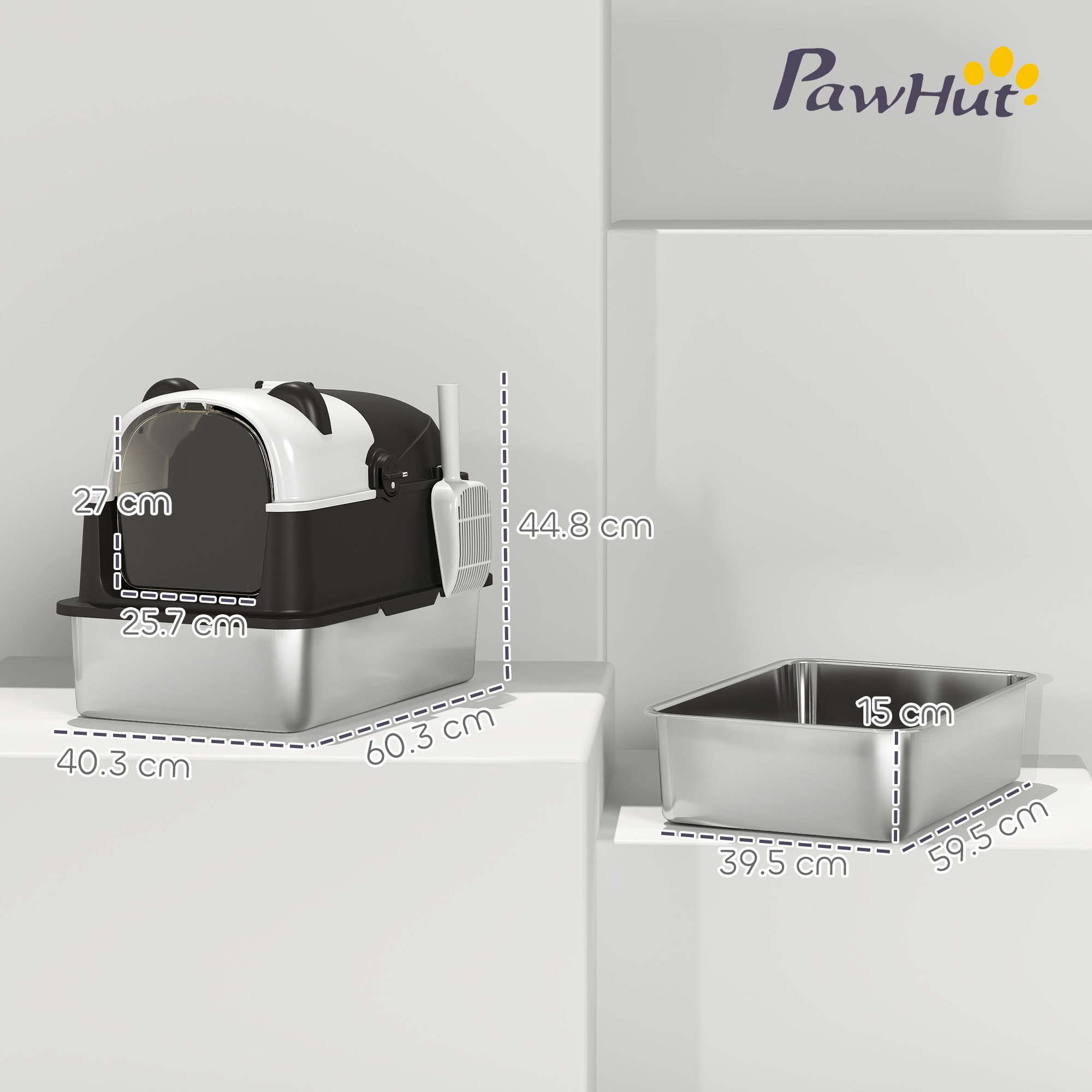 PawHut Panda Style XL Stainless Steel Cat Litter Box with Lid, Enclosed Kitty Litter Box with Scoop, 60 x 40 x 45 cm