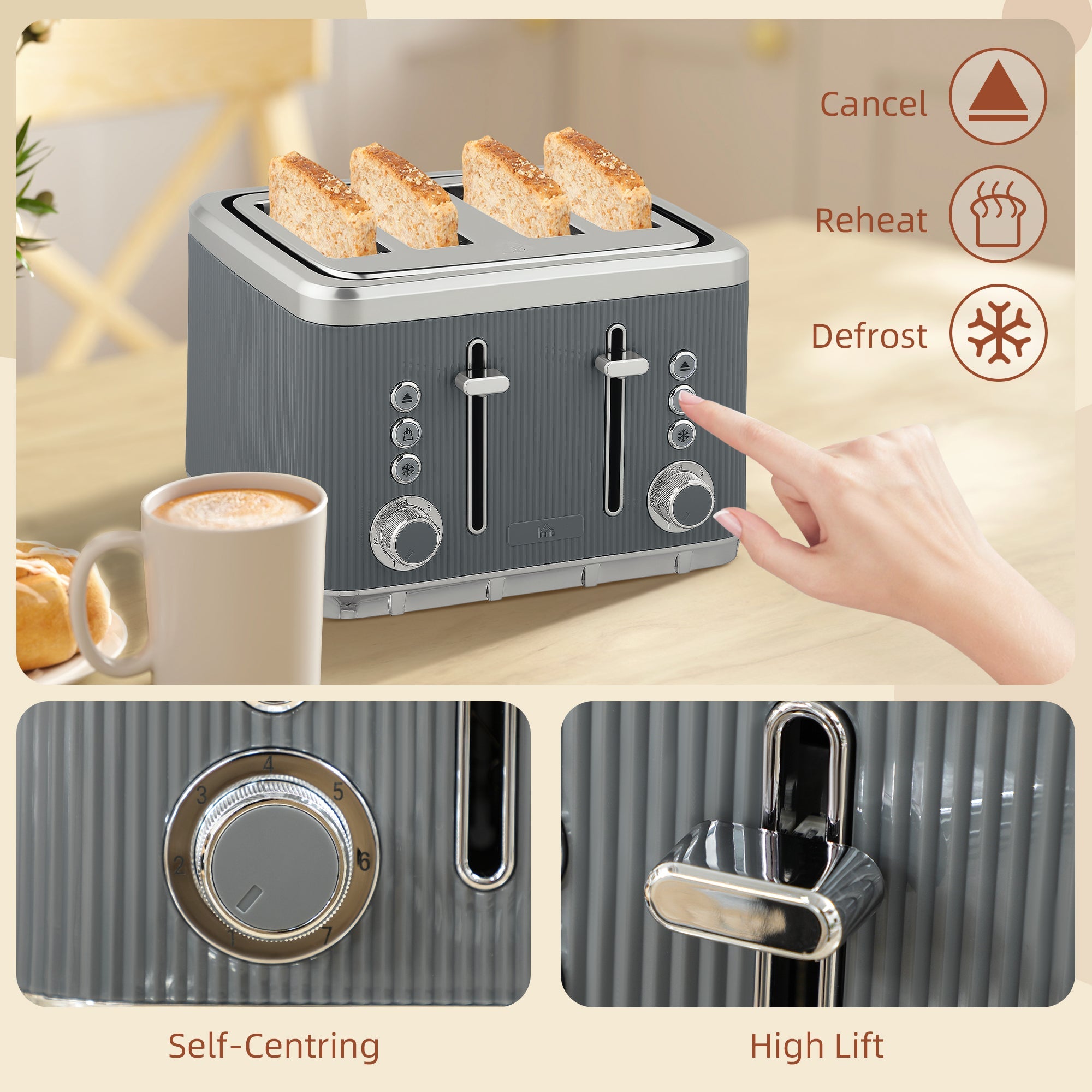 HOMCOM Electric Kettle and Toaster Set, 3000W 1.7L UK Strix Thermostat Rapid Boil Jug Kettle with Limescale Filter, Cool Touch Body, 4 Slice Toaster with 7 Browning Controls, Crumb Tray, Grey