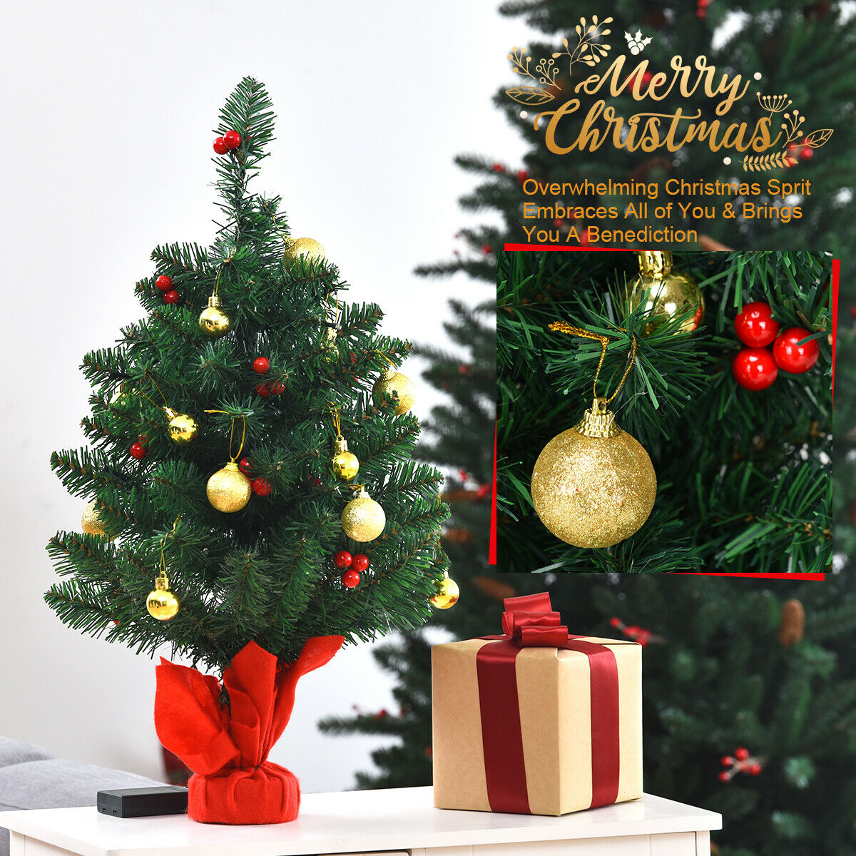 2FT 60cm PVC Artificial Christmas Tree with LED Lights