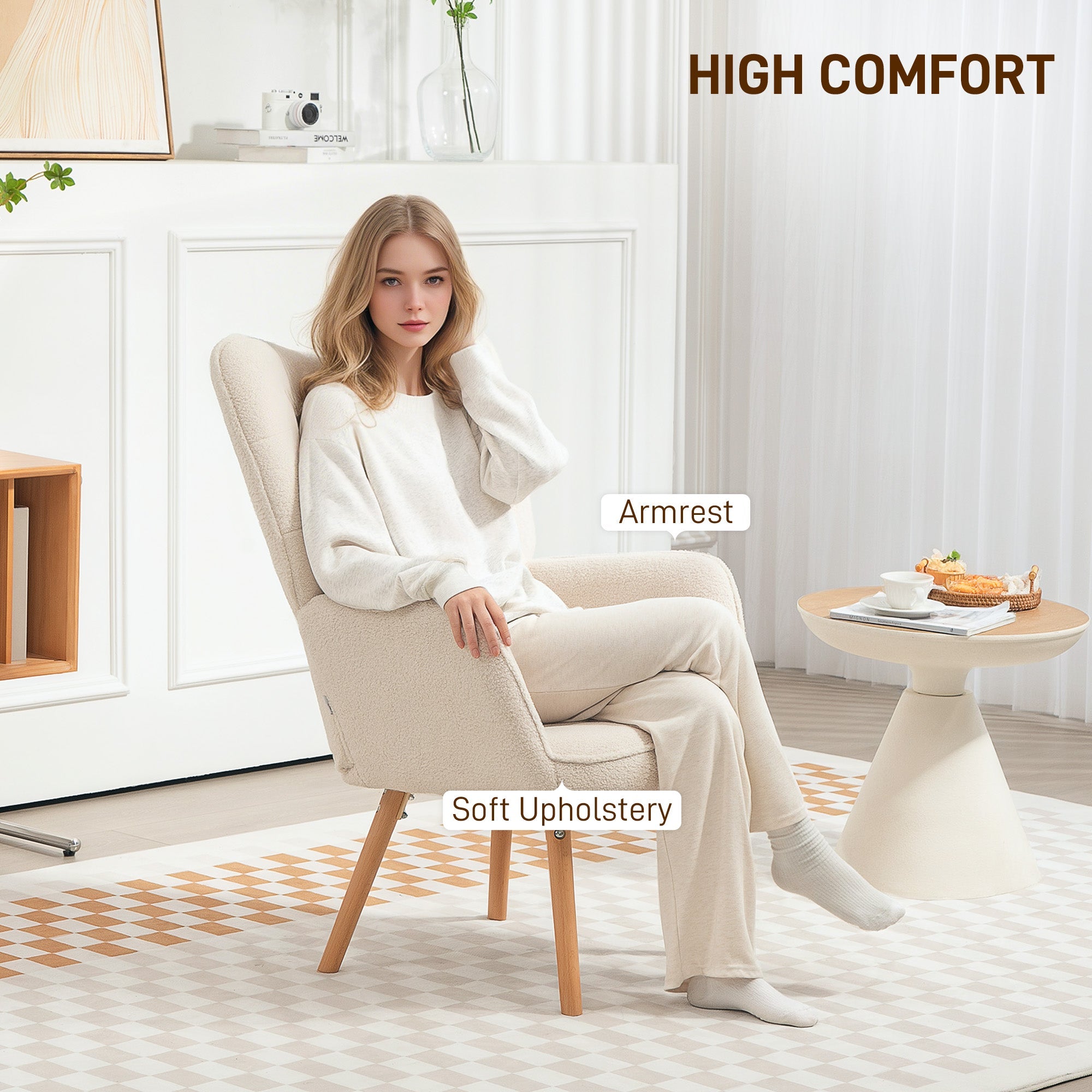 HOMCOM Modern Accent Chair, Upholstered Tufted Wingback Armchair with Seat Padding, Teddy Fleece Leisure Lounge Bedroom Chair with Wood Legs, Cream White