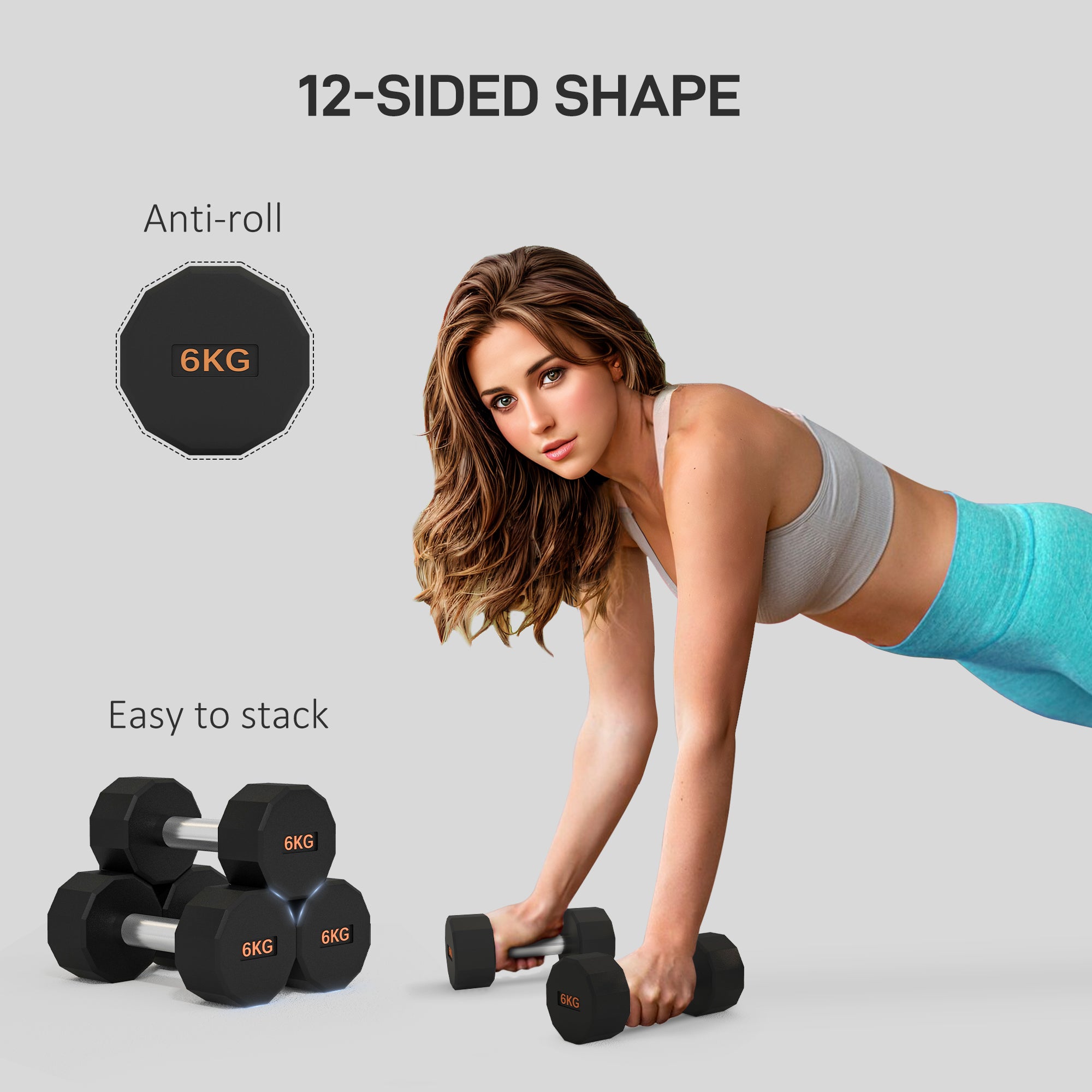 SPORTNOW Dumbbells Weights Set with 12-Sided Shape and Non-Slip Grip for Men Women Home Gym Workout, 2 x 6kg