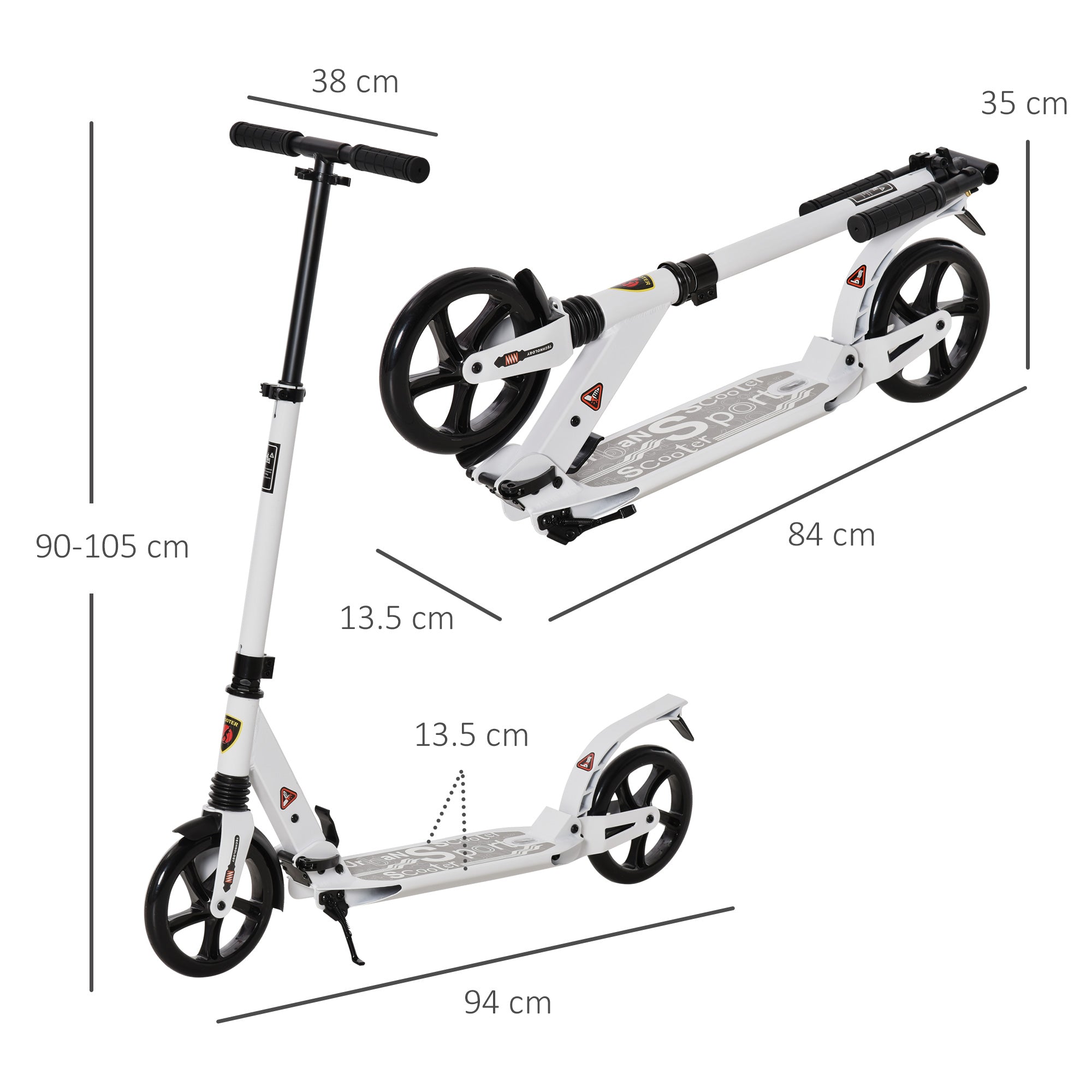 HOMCOM Folding Kick Scooter, Adjustable Ride On Scooter with 200mm Big Wheels and Double Shock Absorption, Urban Scooter for 14+ Teens Adult, White