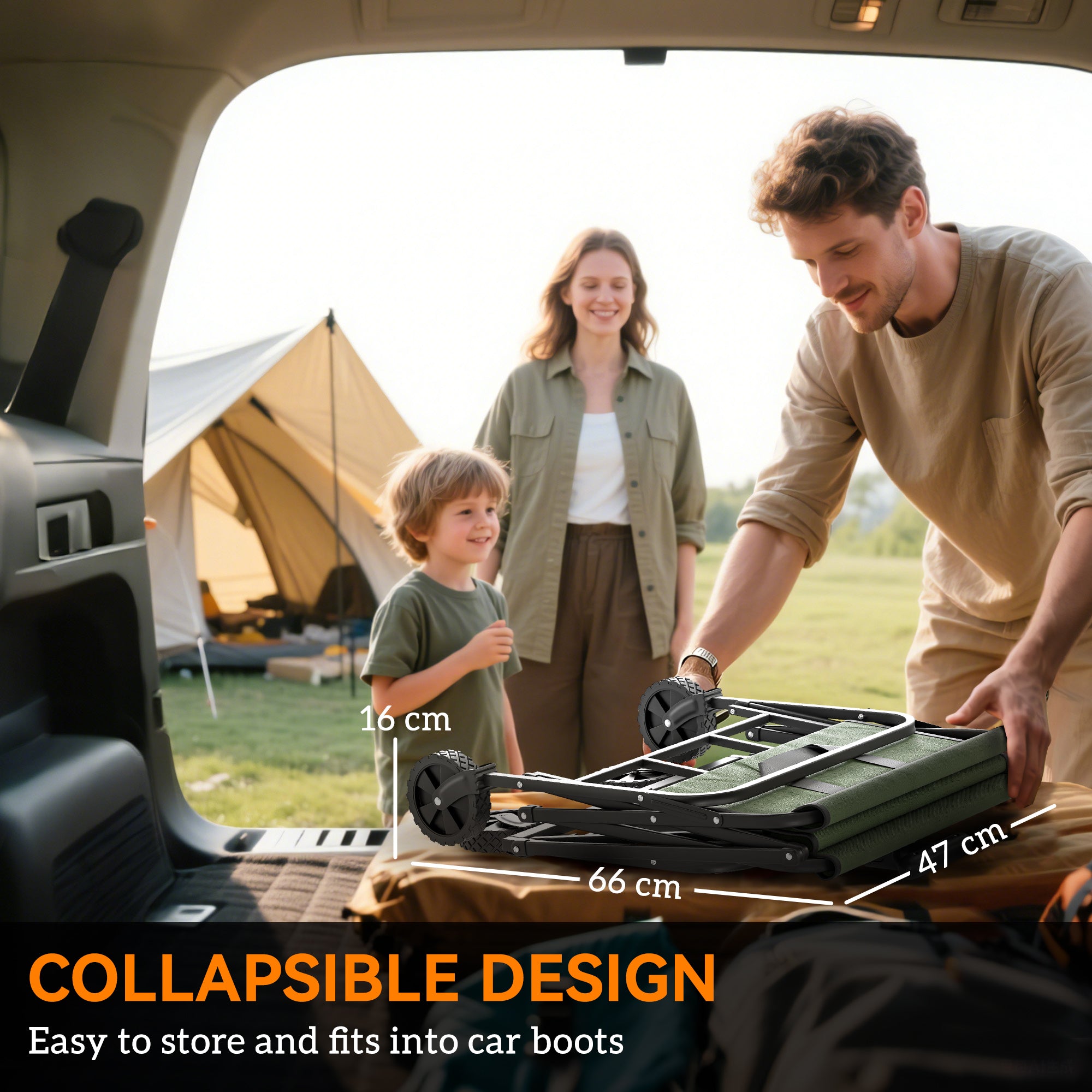 Outsunny 62L Festival Trolley on Wheels, Garden Folding Trolley Cart, 120kg Heavy Duty Collapsible Folding Wagon with Adjustable Handle and Carrying Bag for Beach, Camping, Festival, Green