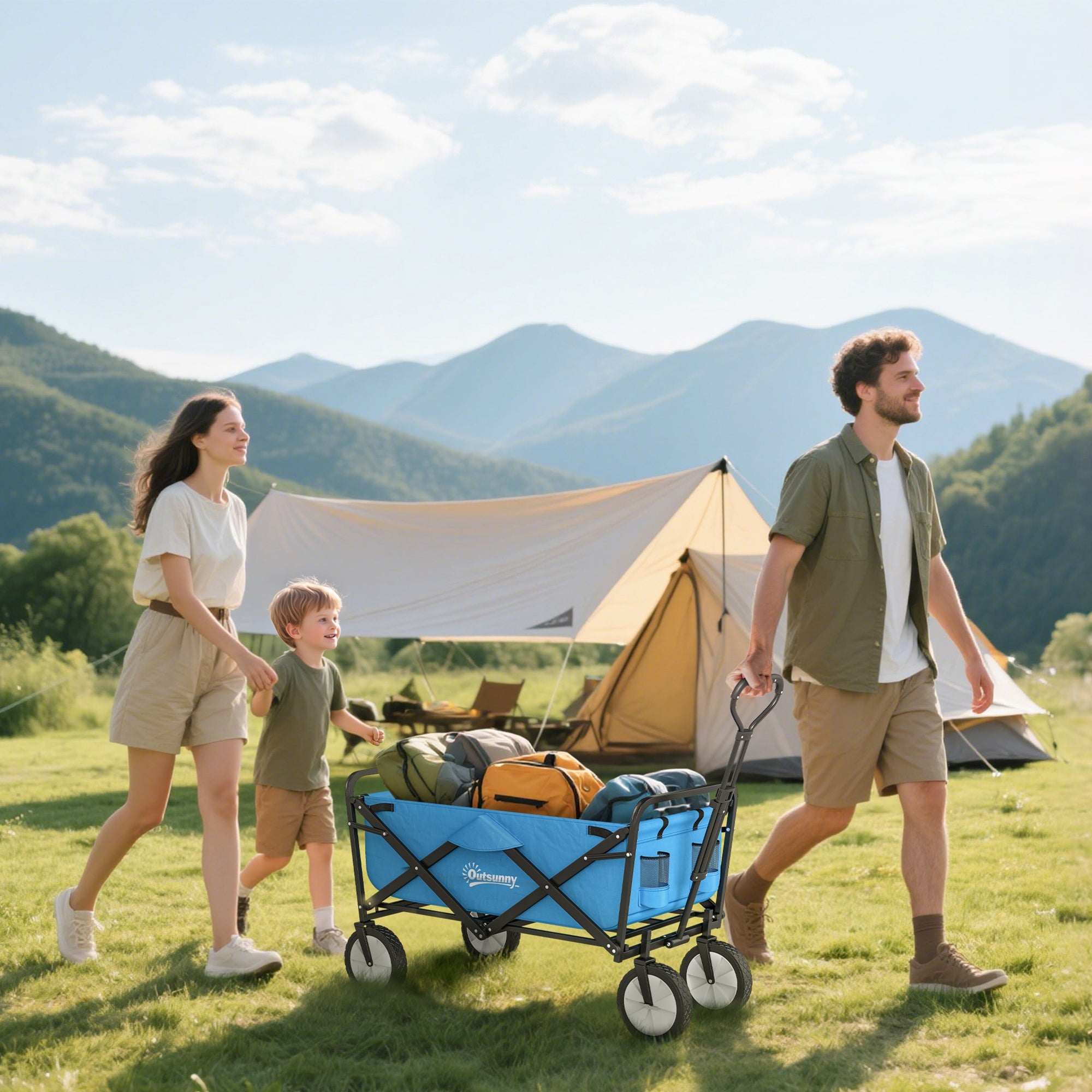 Outsunny 90L Festival Trolley on Wheels, Folding Camping Trolley Cart with Adjustable Handle, Portable for Outdoor, Garden, Shopping, Fishing, Blue