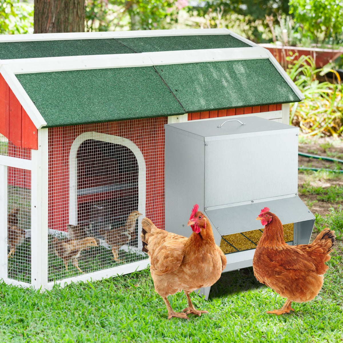 22KG Capacity Wall Mount Galvanized Chicken Feeder with Lid-Silver