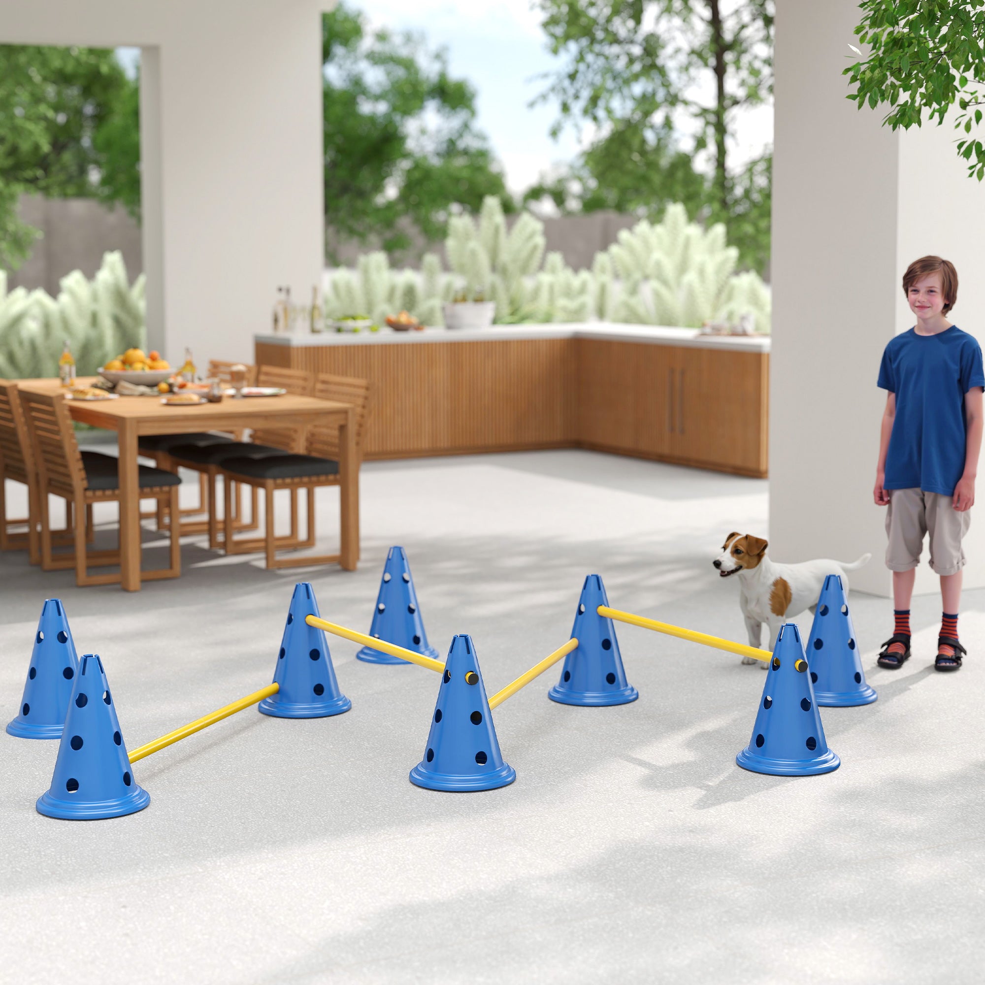 PawHut Dog Agility Equipment Set of Eight Cones, Eight Poles w/ Carry Bag, Four-Piece Adjustable Height Jumping Obstacles Blue