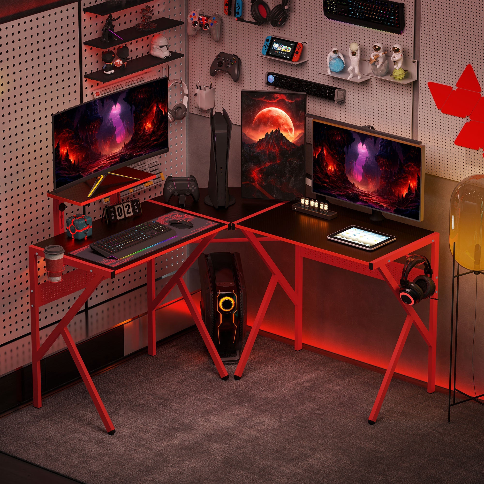 HOMCOM Gaming Desk L-Shaped Corner Computer Table for Home Office PC Workstations with Adjustable Monitor Stand Cup Holder Headphone Hook 125x125x75cm, Red