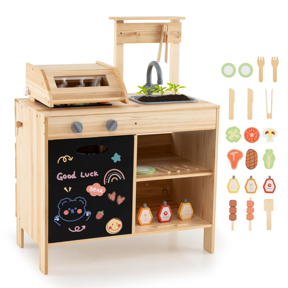 Wooden Barbecue Grill Toy Set with Chalkboard and Play Food for Kids-Natural