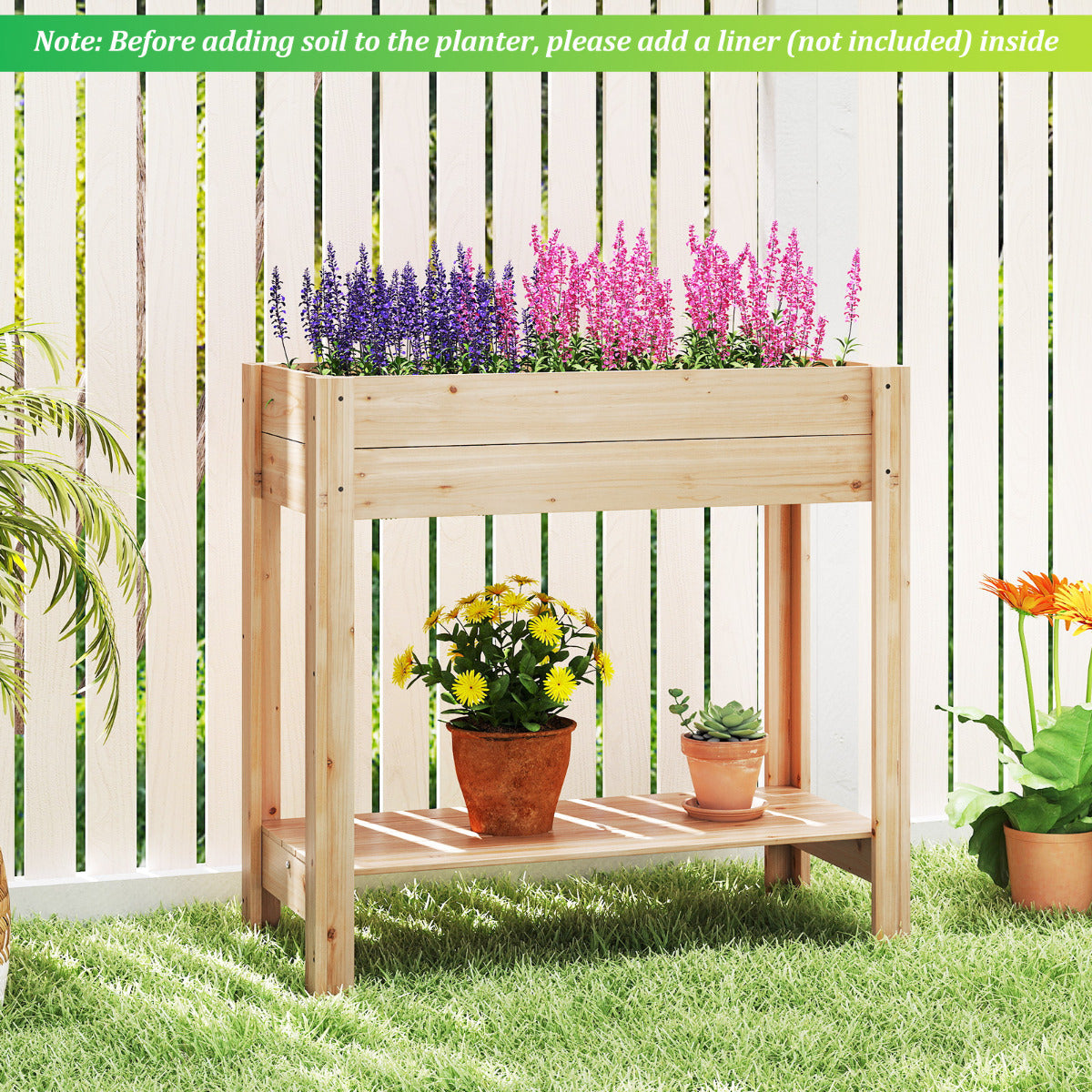 Wooden Raised Garden Bed with Legs and Storage Shelf