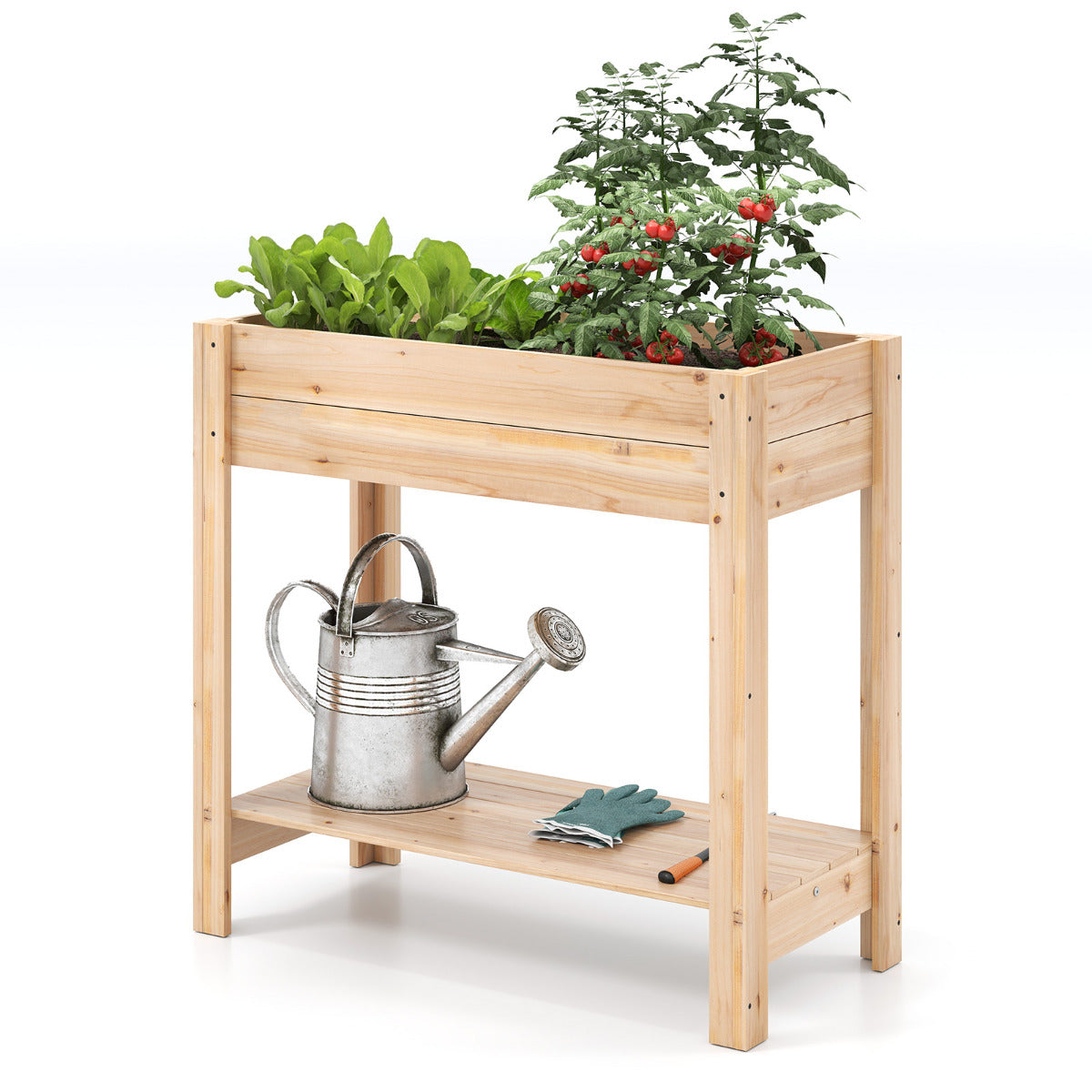 Wooden Raised Garden Bed with Legs and Storage Shelf