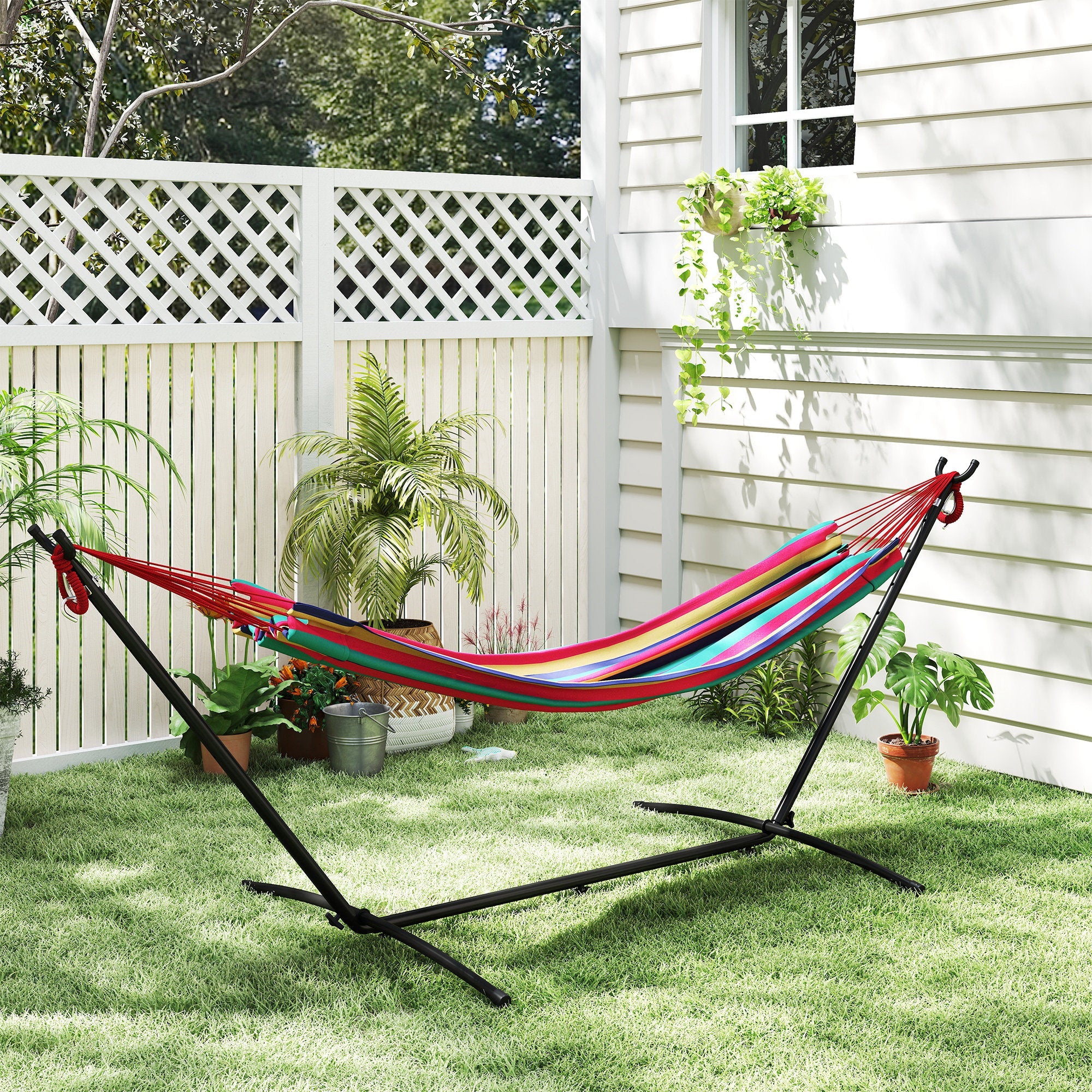 Outsunny 298 x 117cm Hammock with Stand Camping Hammock with Portable Carrying Bag, Adjustable Height, 120kg Load Capacity, Red Stripe