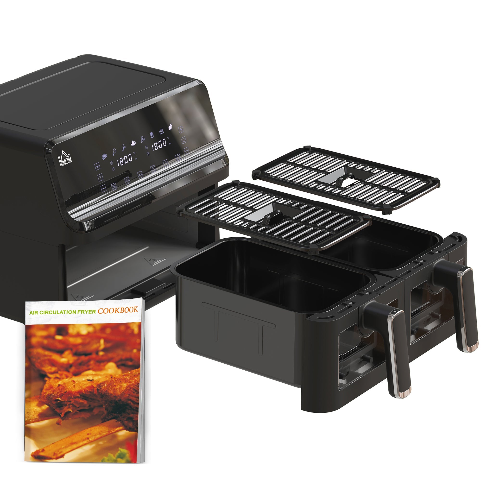 HOMCOM 8L Dual Basket Air Fryer, 8-in-1 Air Fryer Oven with Digital Display, Visible, Timer, Preheat for Oil Free Low Fat Cooking, 2500W, Sync Finish, Sliver