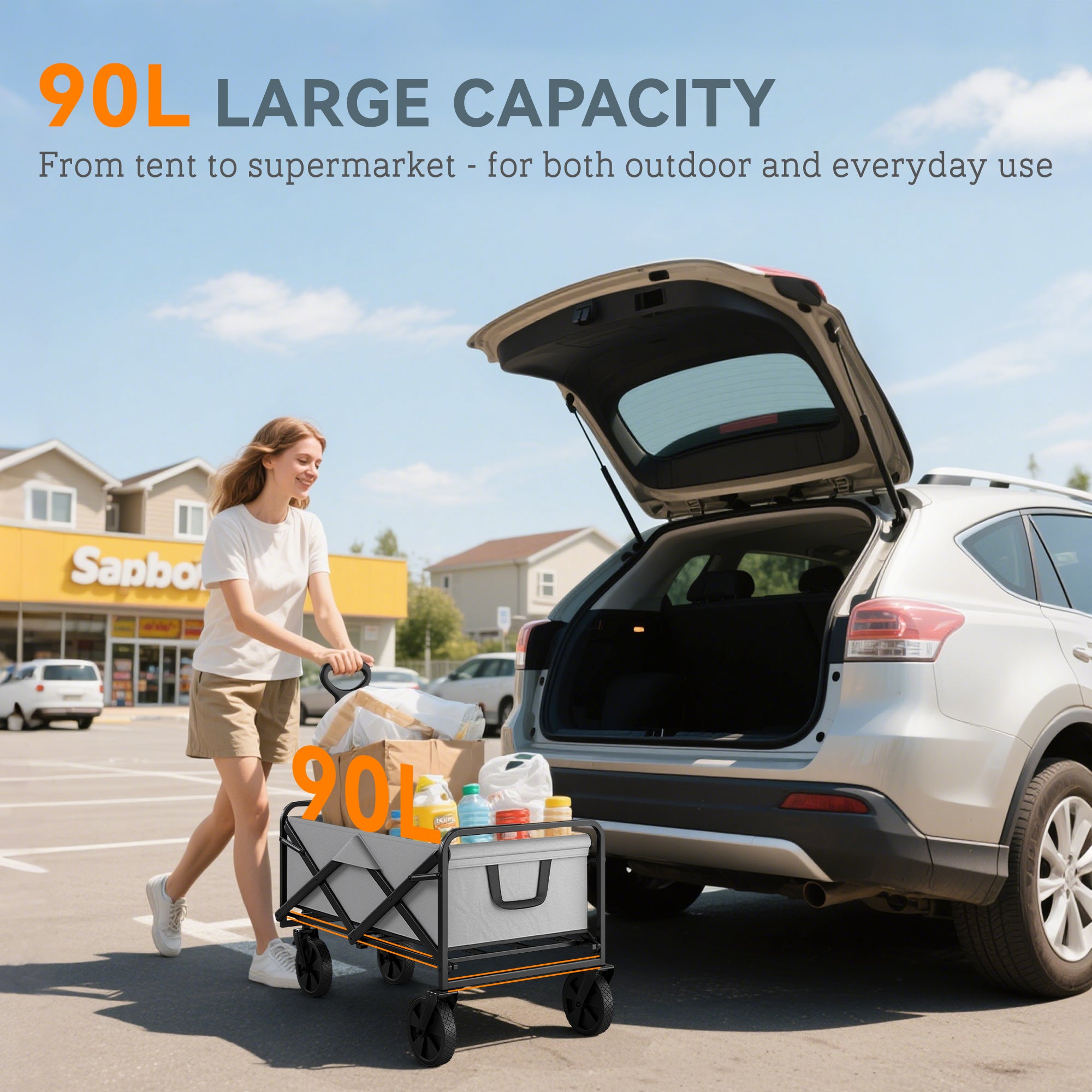Outsunny Folding Pull Along Cart Cargo Wagon Trolley with Telescopic Handle - Dark Grey