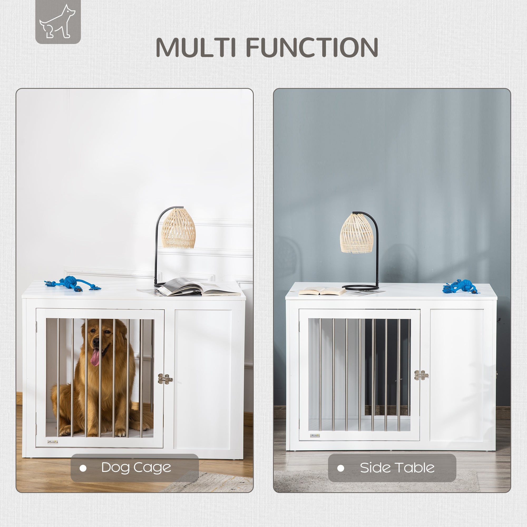 PawHut 2-in-1 Dog Cage and Side Table, with Two Lockable Doors, for Medium Large Dogs - White
