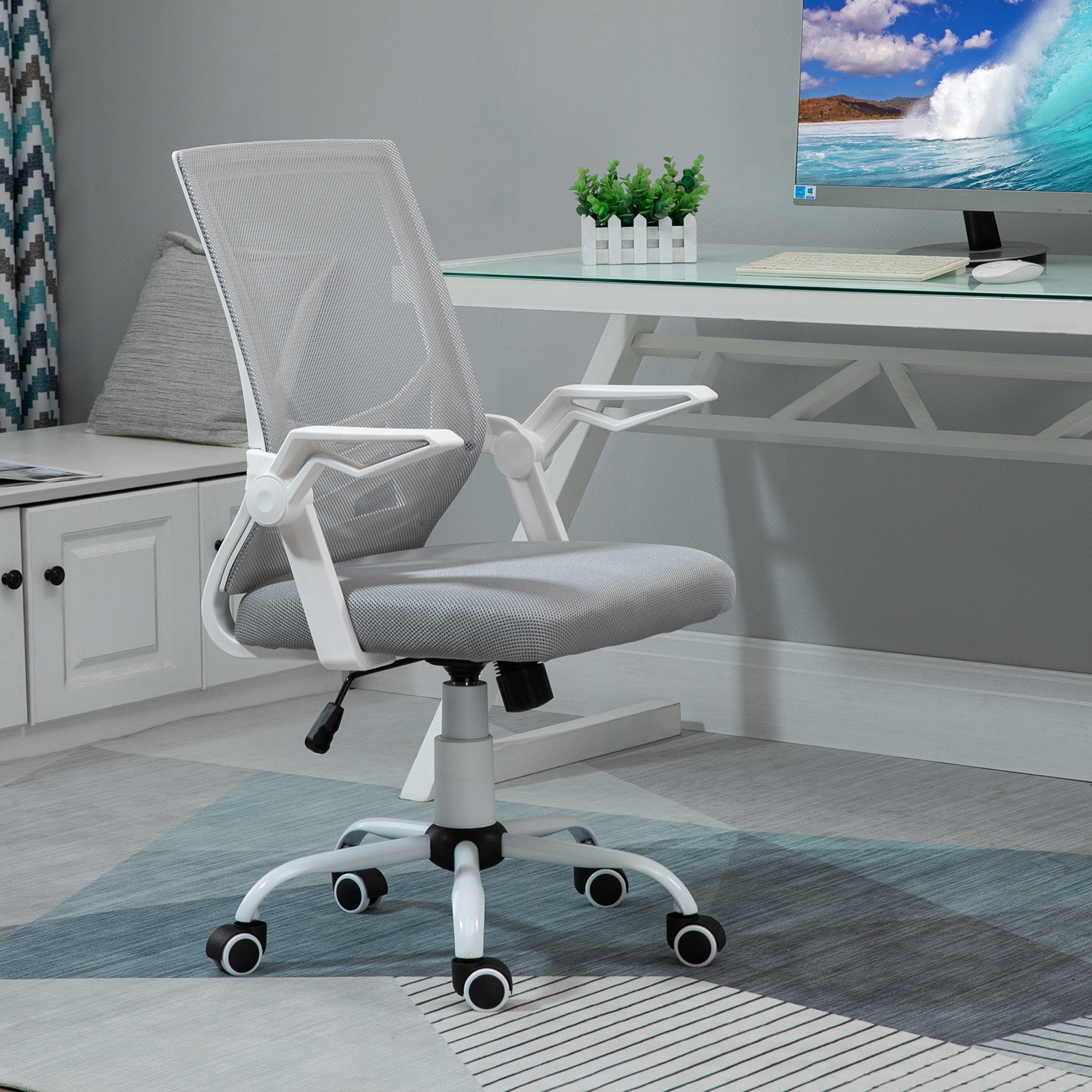 Vinsetto Mesh Office Chair with Flip-up Armrest, Swivel Computer Chair with Lumbar Support, Adjustable Height, Tilt Function for Home/Office, Grey