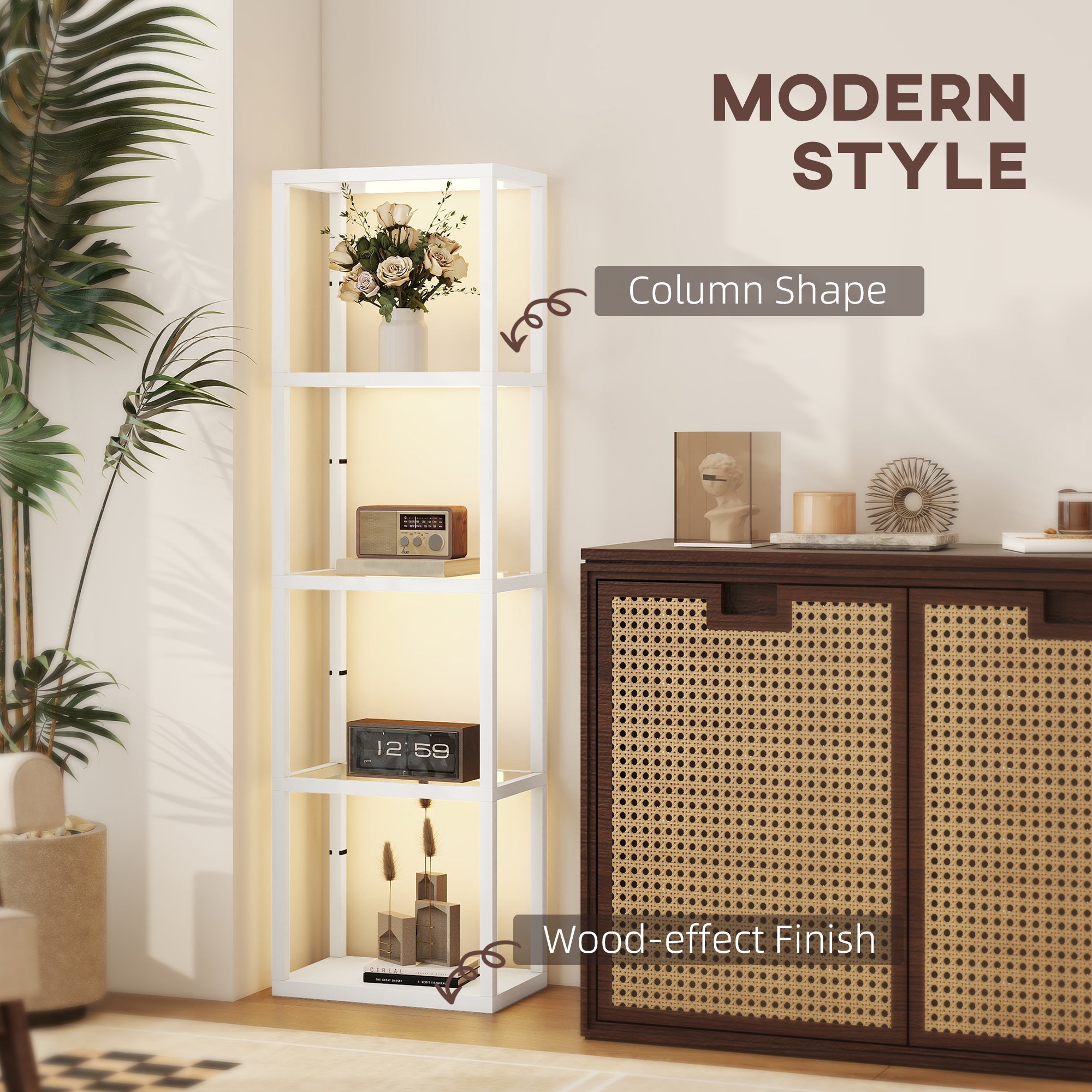 HOMCOM LED Floor Lamp with Glass Shelves, 4 Layers Dimmable Tall Standing Lamp, Modern Column Shelf Floor Light for Living Room, Bedroom, Office, White