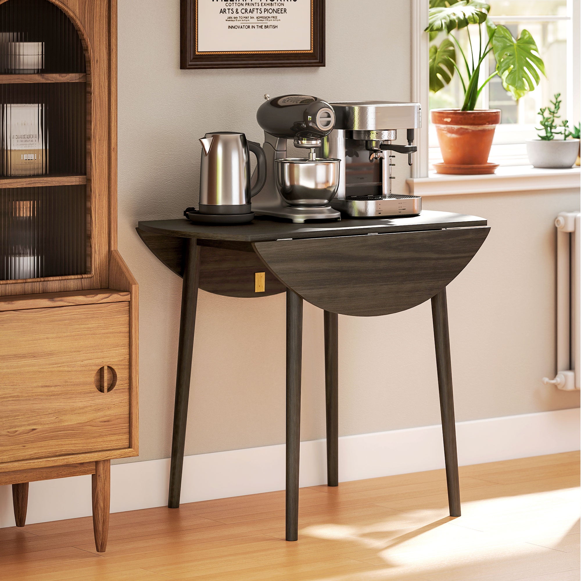 HOMCOM Folding Dining Table for 4, Round Drop Leaf Table, Modern Space Saving Small Kitchen Table with Wood Legs for Dining Room, Grey