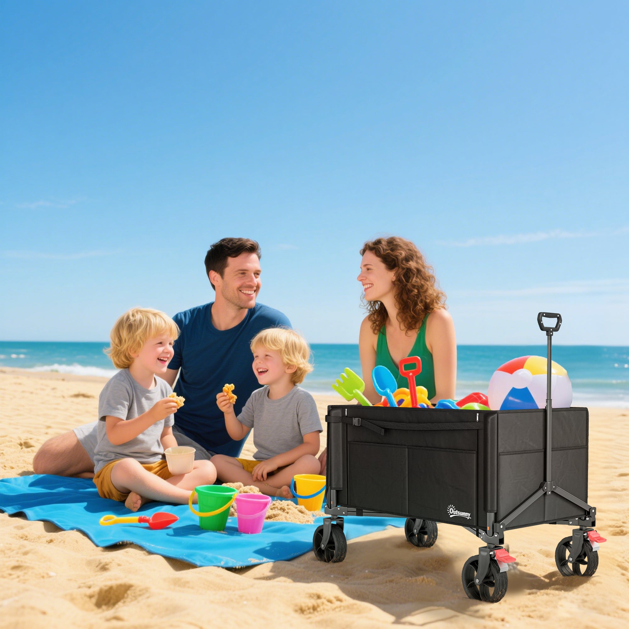 Outsunny Festival Trolley on Wheels, 150L Folding Camping Trolley Cart with Openable Sides, Adjustable Handle and Brakes for Shopping Beach Garden Fishing, Black