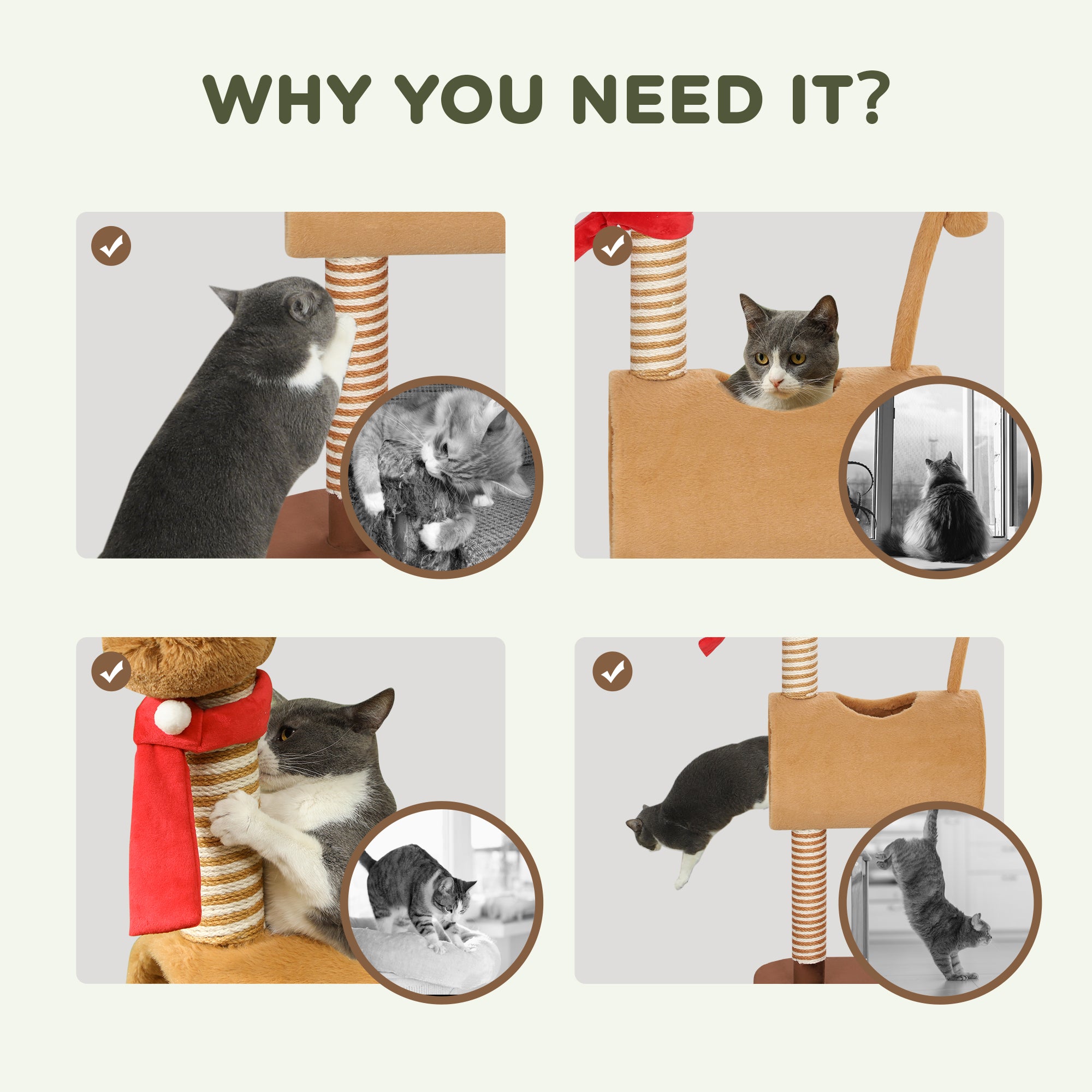 PawHut 98cm Deer-Designed Cat Tree with Scratching Posts, Toy Ball, Tunnel, Brown