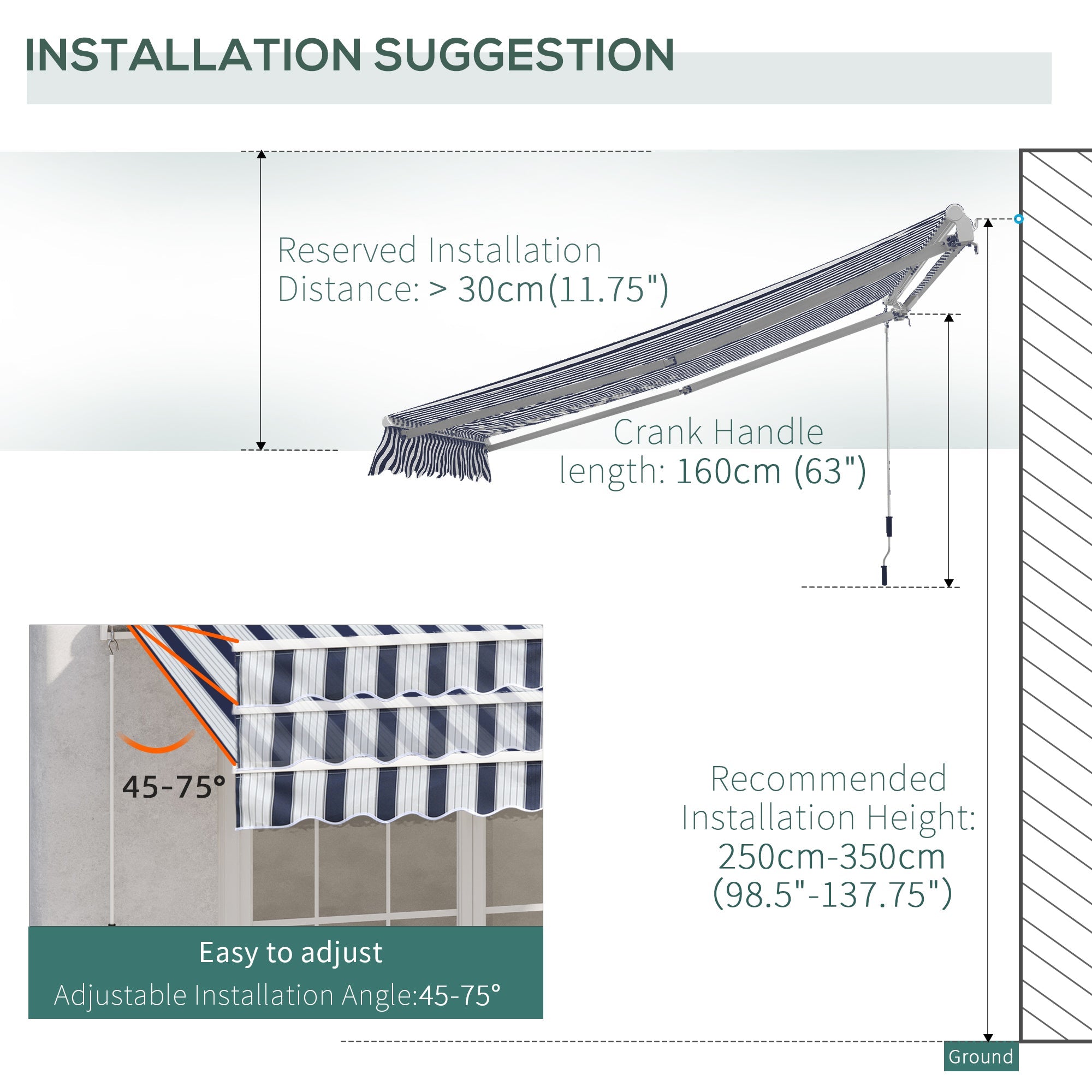 Outsunny Manual Retractable Awning, 3x2.5 m-Blue/White Stripes